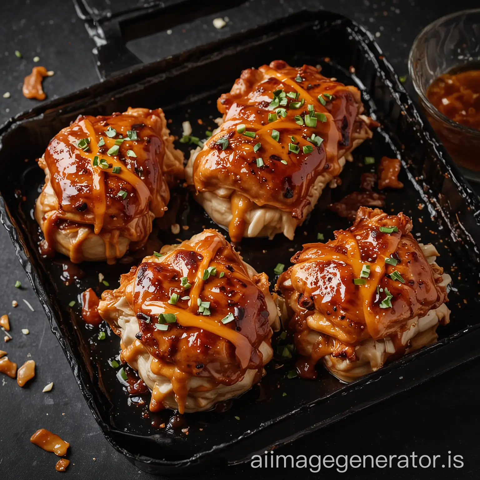 roll melts of bbq chicken on black box with black background