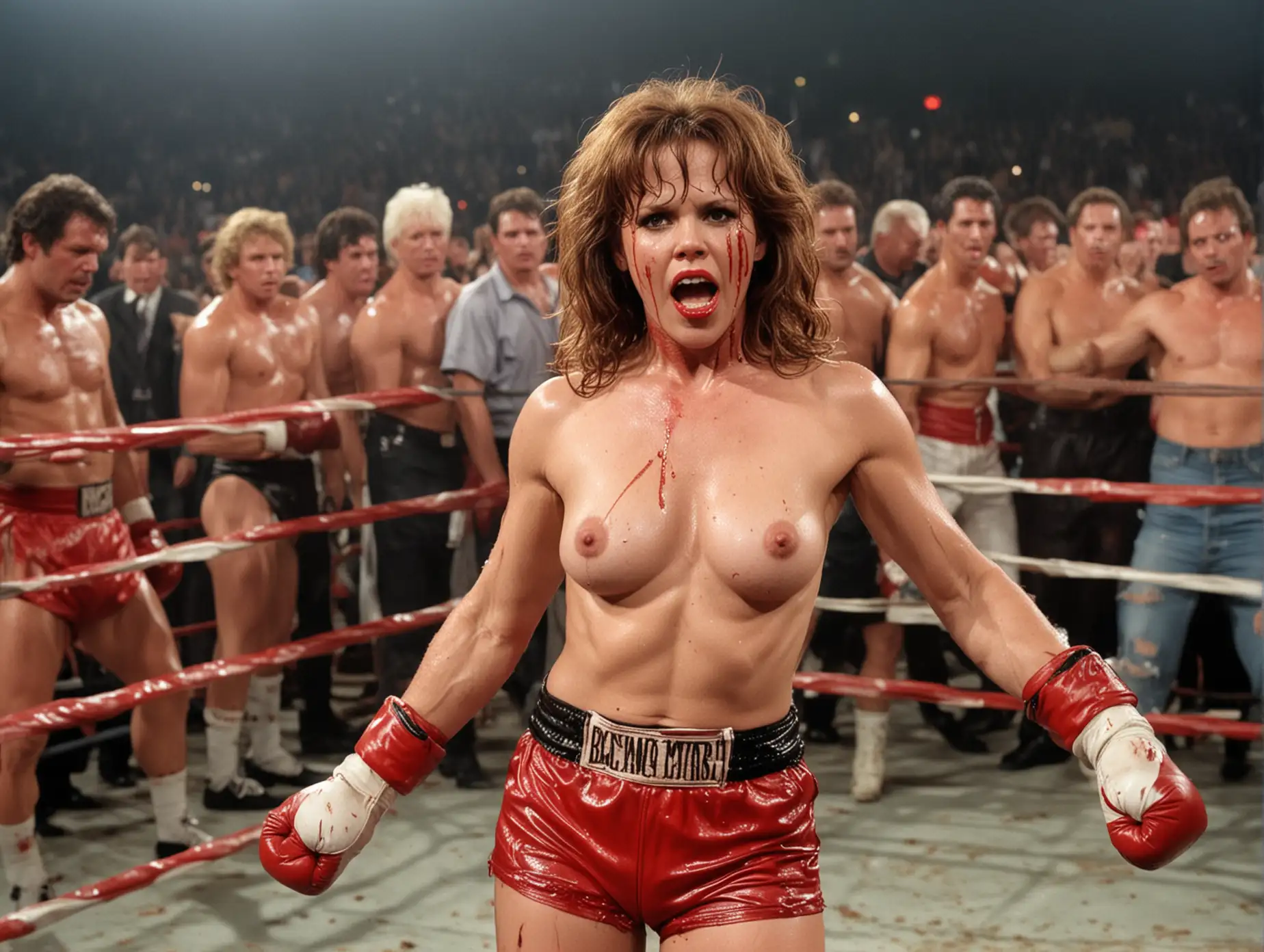  topless and extremely busty, muscular gorgeous actress Linda Blair with lots of makeup is fighting a man in boxing trunks is in a bloody boxing match killing a bloodied man in a large bright boxing ring with many men cheering her on