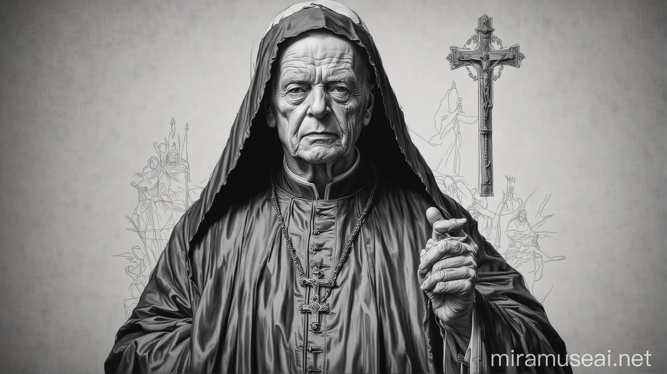 Emperor Palpatine as a Catholic Pope. Black and White line drawing.
