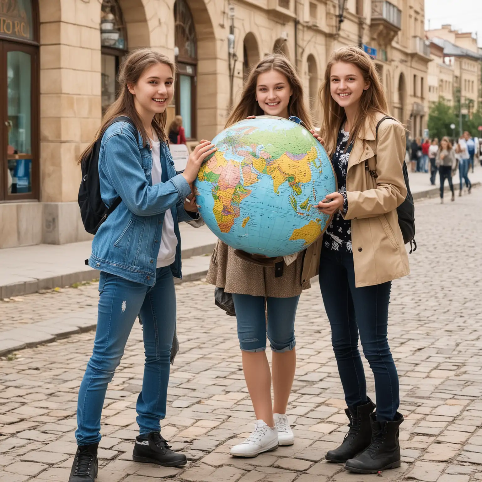 подростки с глобусом, на глобусе карта Евразии, радостные, 20 человек, в городе, улица Волгограда, Родина мать зовет Волгоград
