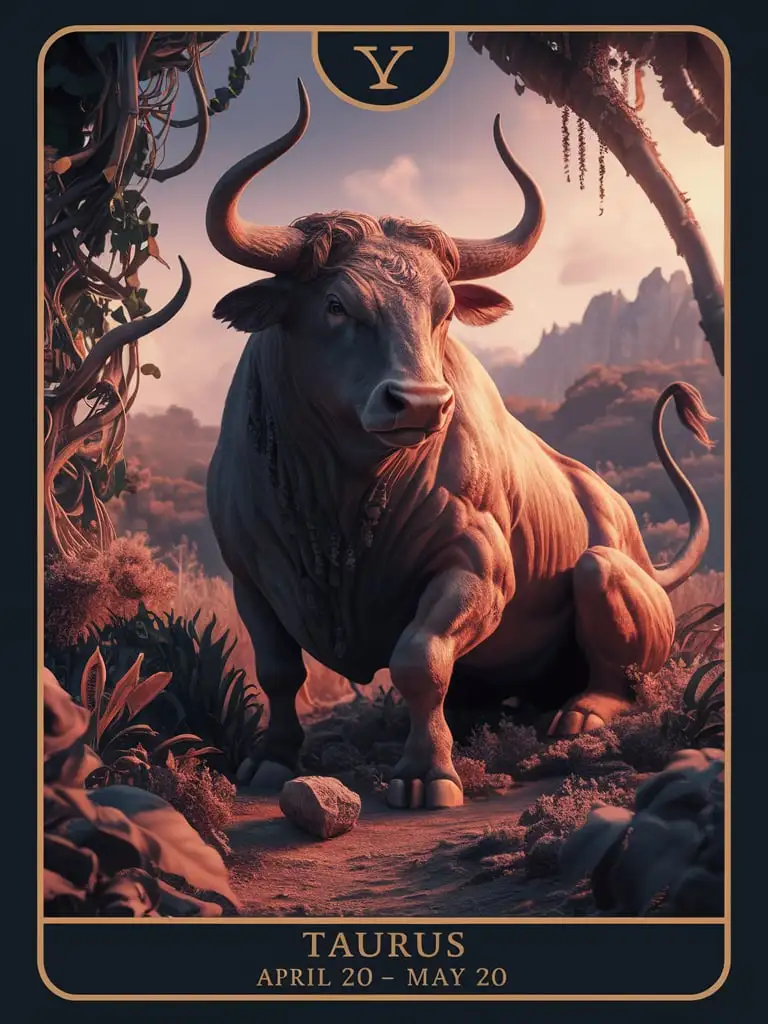 Design a 4k HQ "Title: Taurus" tarot card featuring "Subtitle: April 20 - May 20" premium 14PT black card stock authenticated breathtaking 8k 16k visuals /"A majestic bull with powerful horns, a strong build, and a gentle gaze, surrounded by lush vegetation or a serene landscape."/, complex fandom artwork, Add_Details_XL-fp16 algorithm, 3D octane rendering style (3DMM_V12) with the mdjrny-v4 style, infused with global illumination --q 200 --s 275 --ar 3:4 --c 500 --w 500
