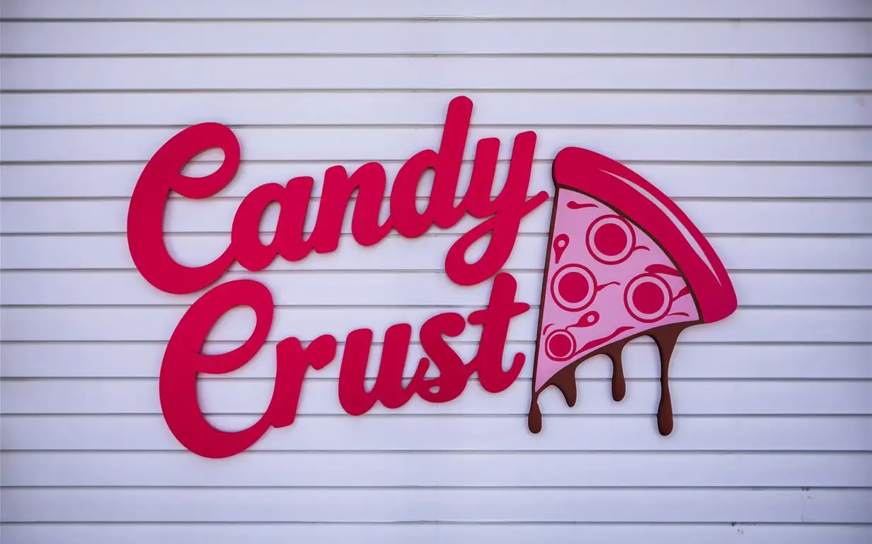 розовая вывеска с текстом Candy Crust с пиццей и шоколадными подтеками, на белом фоне