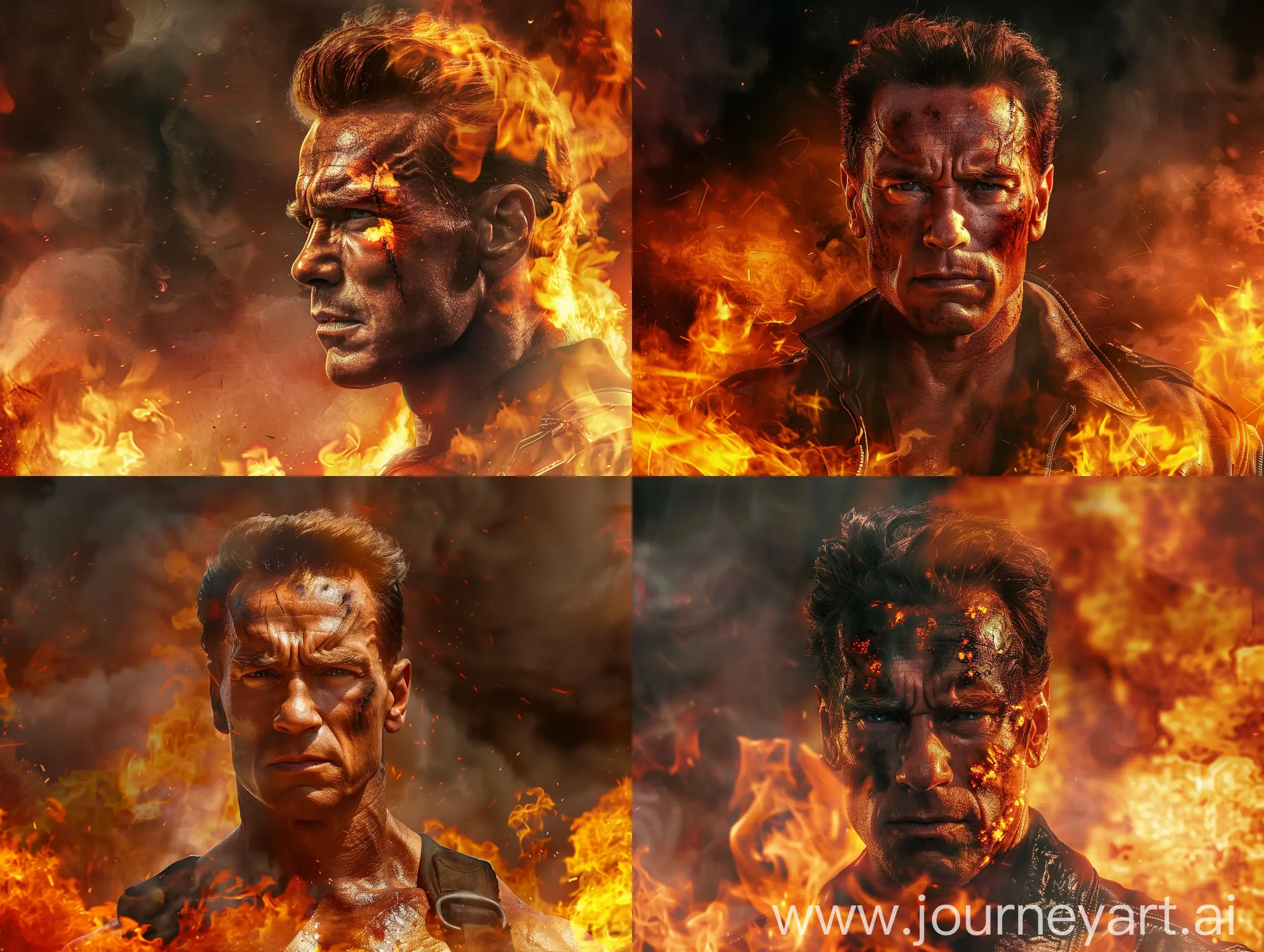 Arnold Schwarzenegger, fire on background, real, realistic