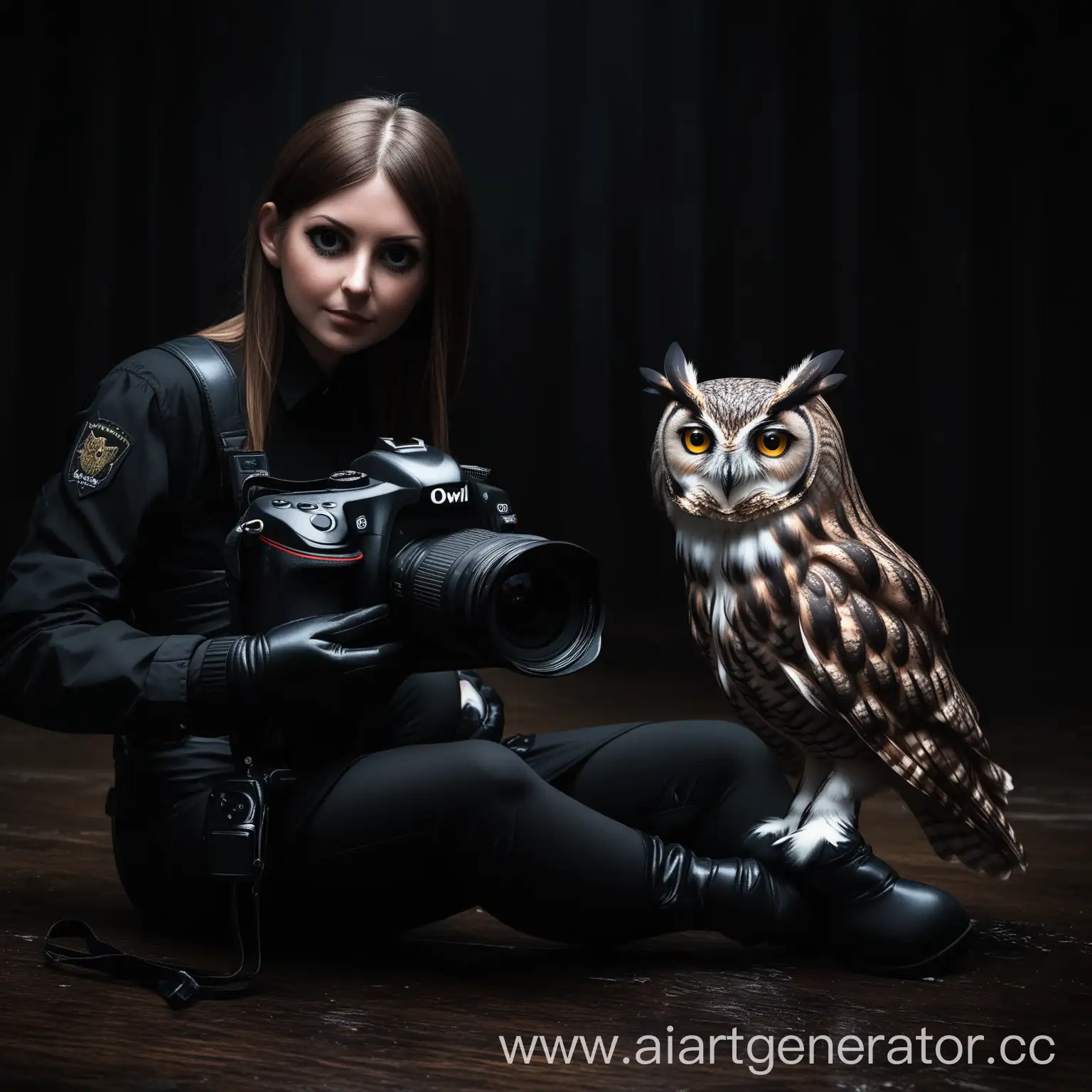 Photographer in dark fetish with an owl 