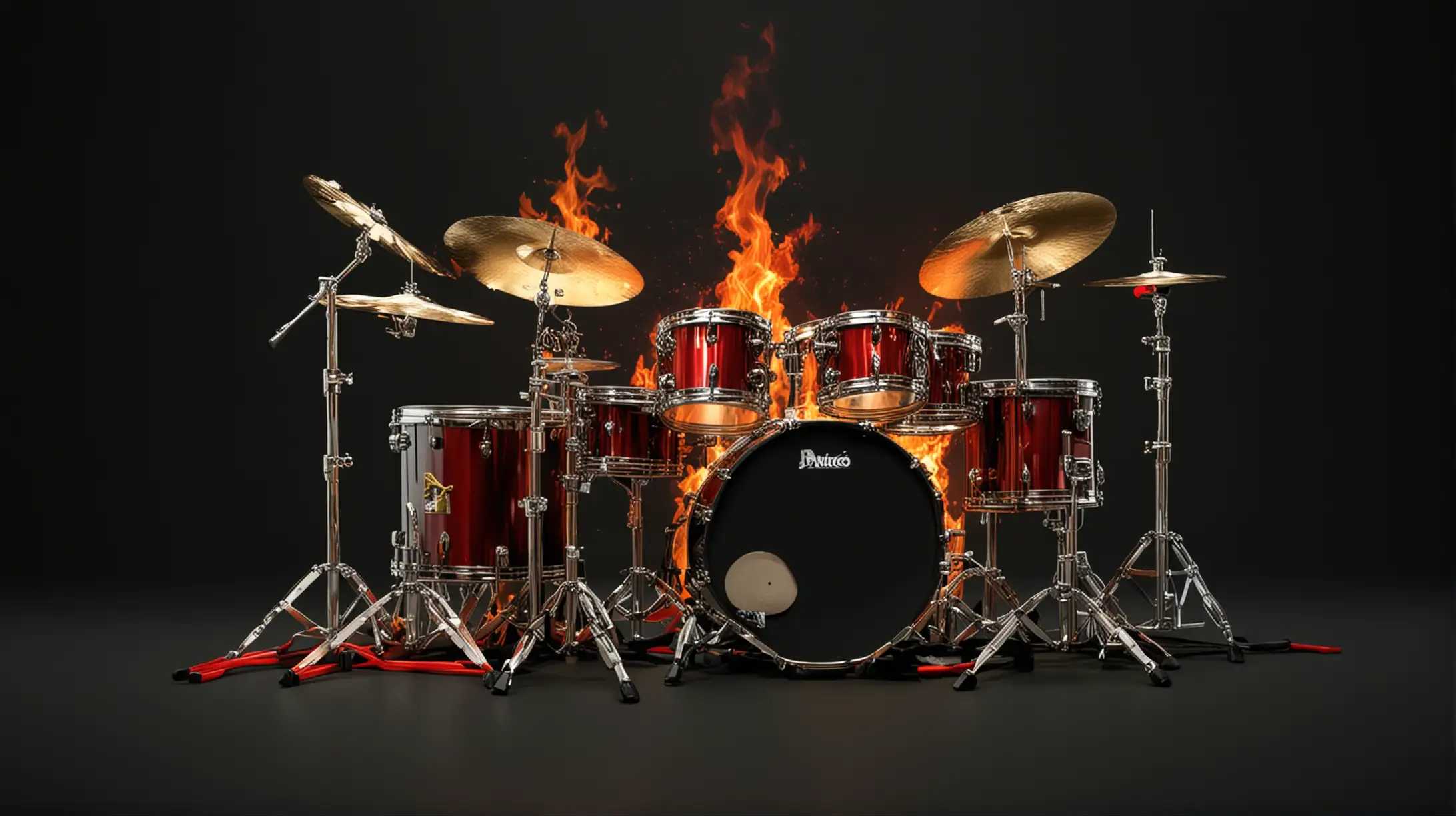 DRUM KITS WITH BBLACK BACKGROUND AND COLORS RED GOLD AND GREEN WITH FIRE