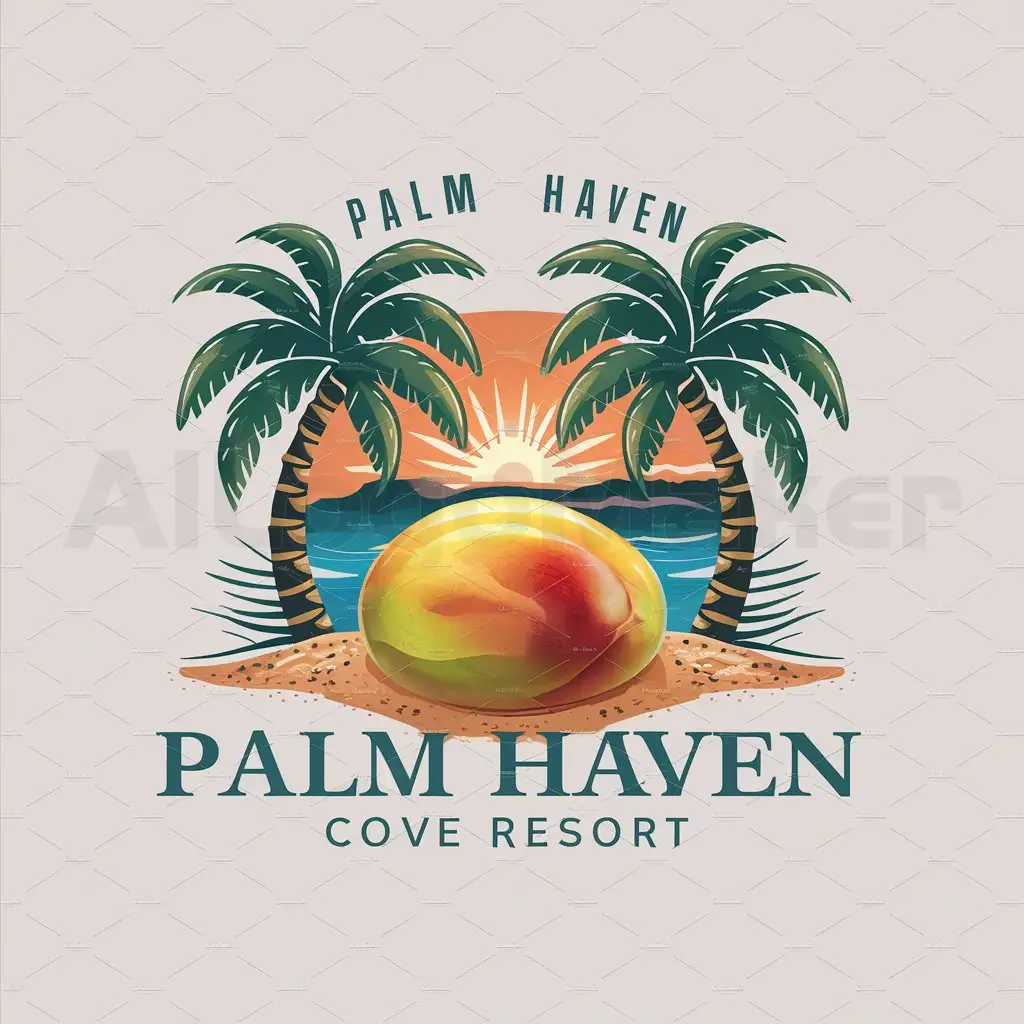 a logo design,with the text "Palm Haven Cove Resort", main symbol:Logo with mango, sand, palm tress, sunrise in a cove,Moderate,be used in Resort industry,clear background