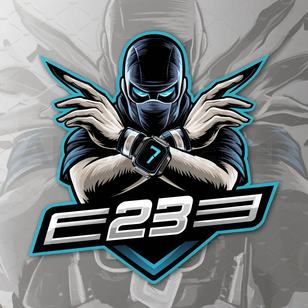 a logo design,with the text "23", main symbol:masked man with his arms in an x shape and a smart watch in 1 hand and have number 7,Moderate,be used in Gamer industry,clear background