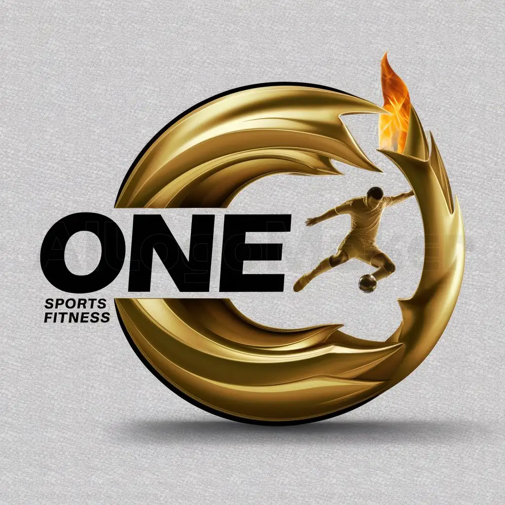 a logo design,with the text "ONE", main symbol:A realistic image with a full circle of gold showing a flame opening on the right side, as a shooting footballer. The circle has a full gradient in gold and the background of the image is white.,complex,be used in Sports Fitness industry,clear background
