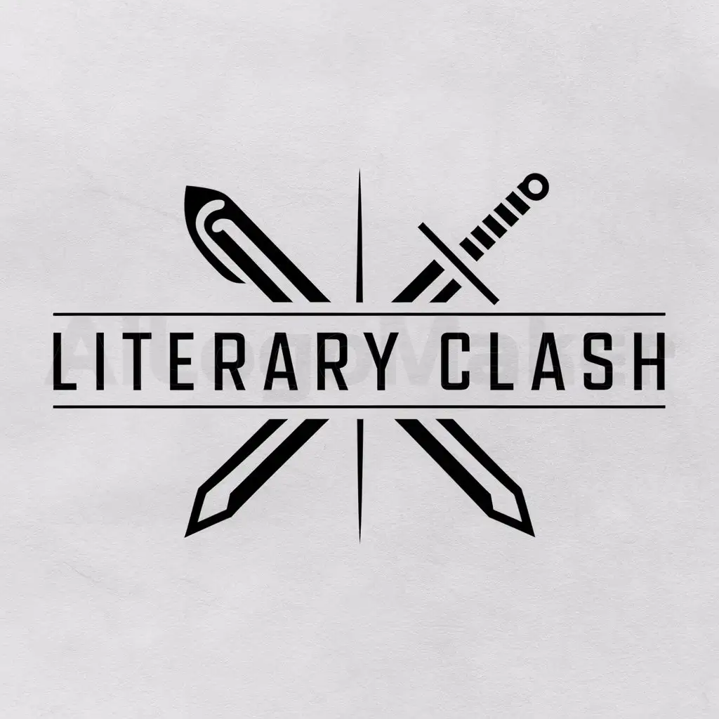 a logo design,with the text "Literary Clash", main symbol:Pen and sword, black and white,Minimalistic,clear background