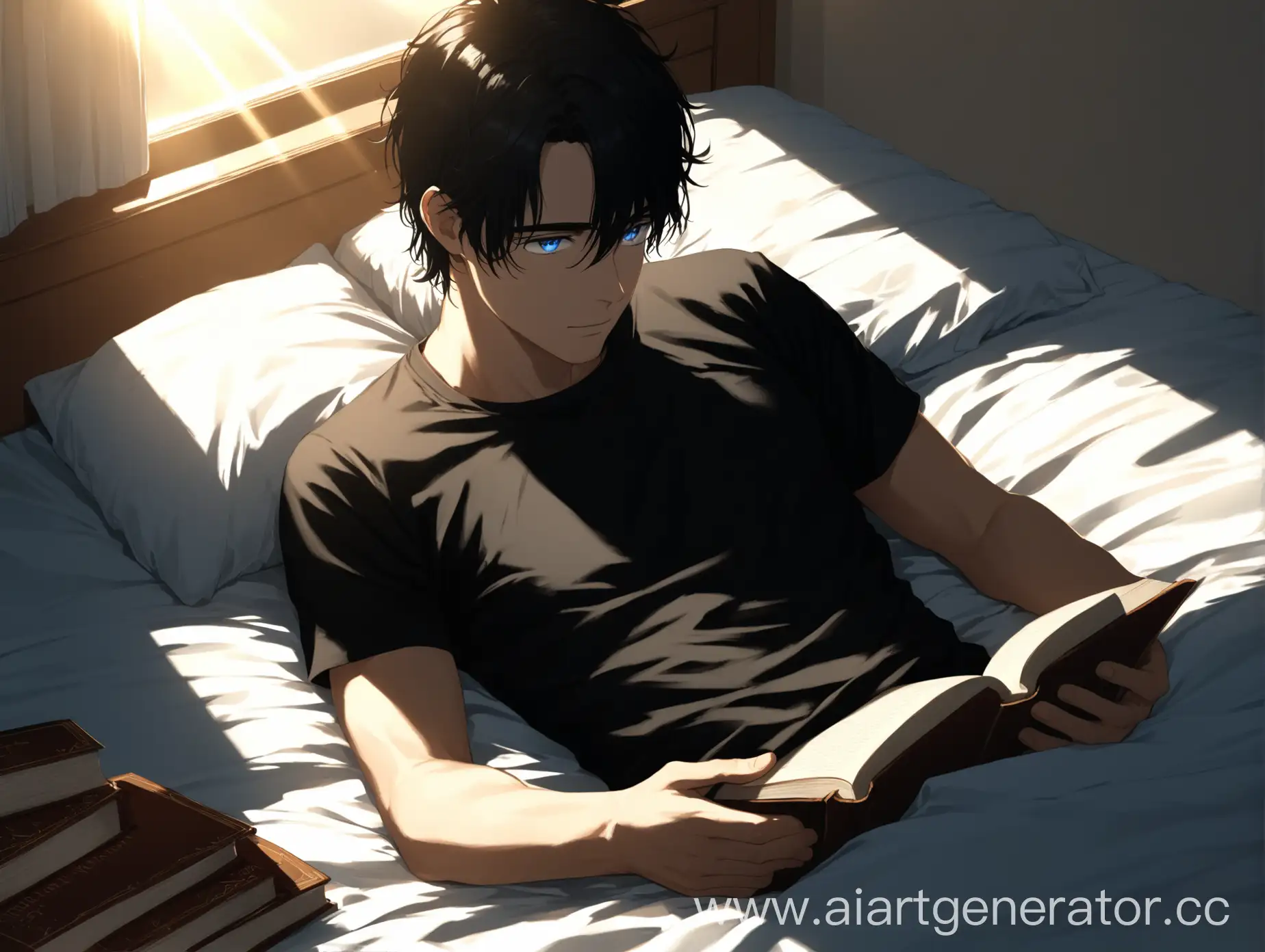 Relaxed-Man-Reading-Book-on-Sunlit-Bed