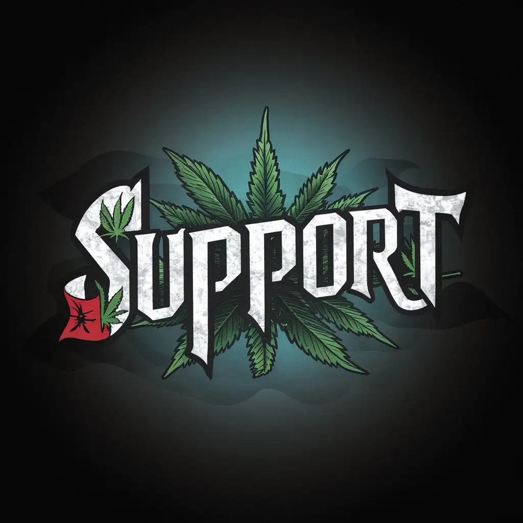Аватарка для тех поддержки. Темный фон градиент, надпись Support с элементами шишек канабисса и пиратского флага 