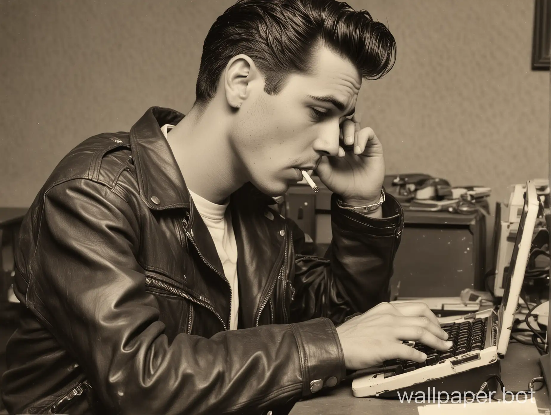 1950s greaser typing at a computer and with cigarette hanging from his mouth. He's wearing a leather jacket and blue jeans.