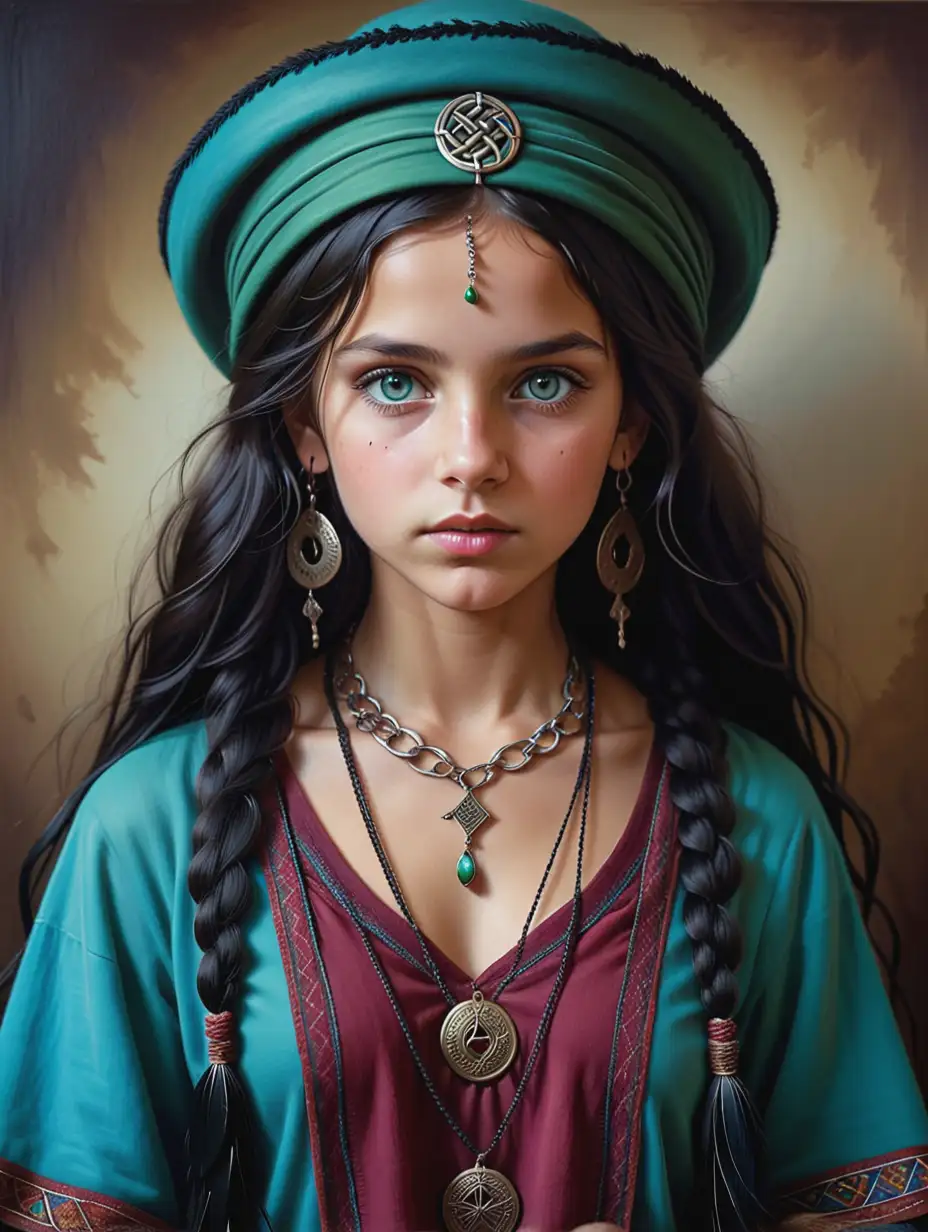 Romani girl Eldra Roberts, a proud Welsh gypsy, from the book Eldra with long black hair, piercing blue eyes, black crow feathers hat, dark green an burgundy clothes, celtic, necklaces,  a hyperrealistic painting inspired by lee jeffries, zbrush central contest winner, hyperrealism, steven mccurry portrait, photography alexey gurylev, alessio albi