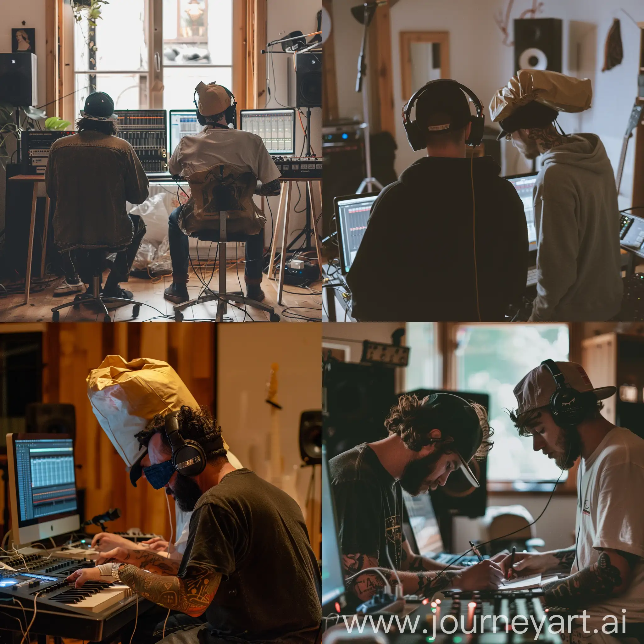 Two-Musicians-Composing-Music-in-Studio-with-Bag-on-Head