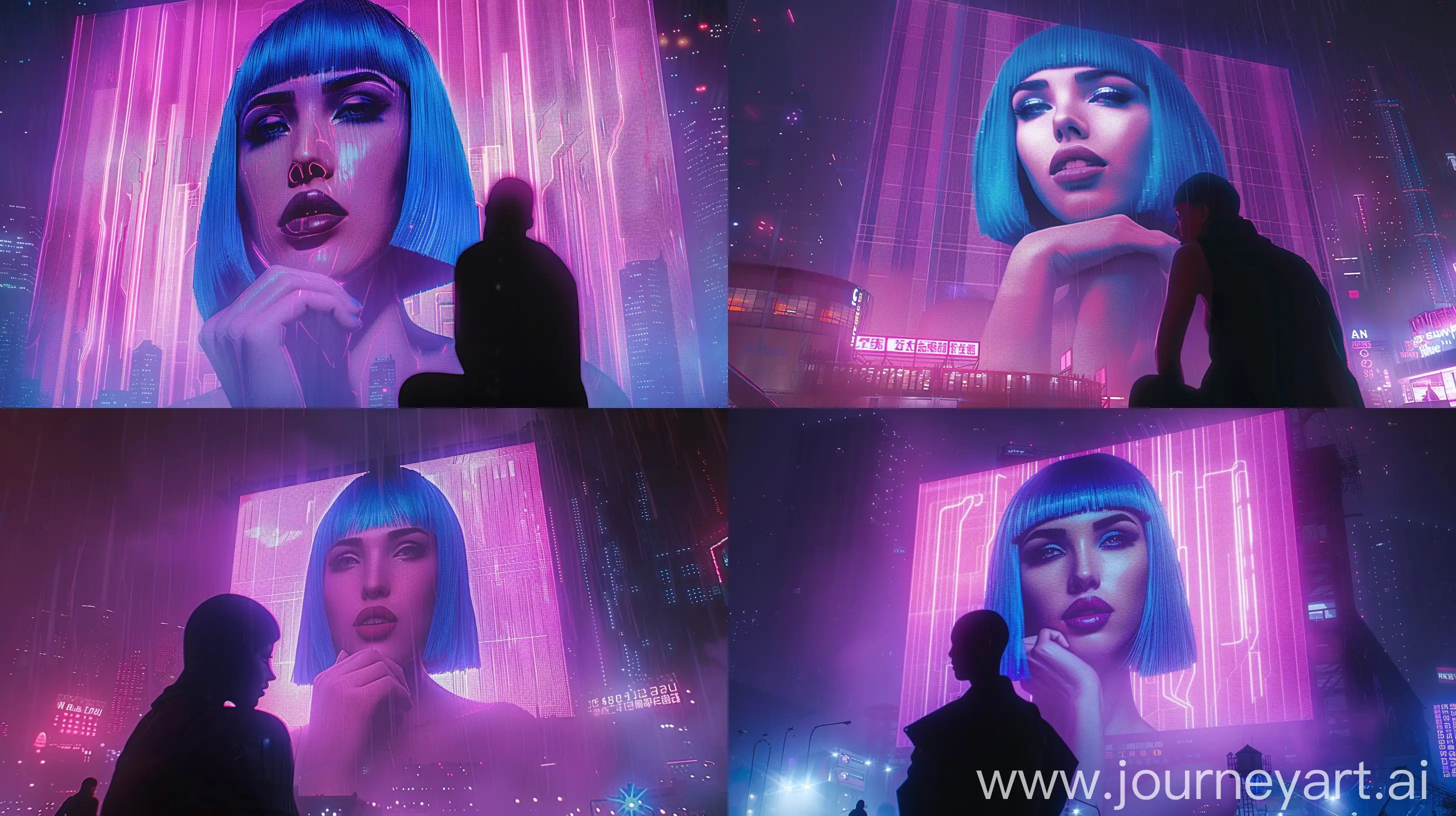 Futuristic cyberpunk cityscape at night, giant holographic advertisement of a woman with sleek blue bob hair and contemplative gaze, resting chin on hand, neon-noir purple and pink hues, silhouetted figure in foreground looking up, urban dystopian atmosphere, misty backdrop with scattered lights, high-definition pixelated textures, themes of isolation and technology's impact on humanity, no text, evocative mood --cref https://cdn.discordapp.com/attachments/1197716348361510973/1244525791967182978/Screenshot_20240525_232422.jpg?ex=66556e76&is=66541cf6&hm=db19443e59aee89a791e02e5af68bfea0534b9685e376a90bfc1abe86a128373& --ar 16:9 --s 600 --v 6