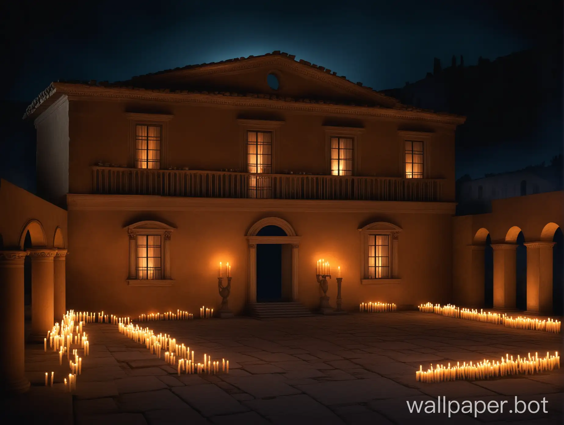ancient roman house at night lighted with candles