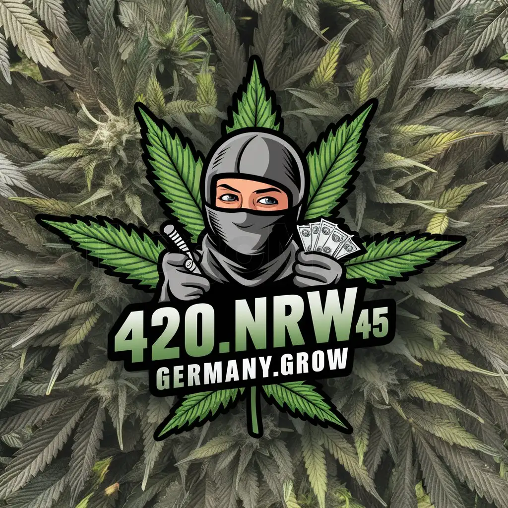 a logo design,with the text "420.NRW_45_Germany.grow", main symbol:A highly detailed weed inspired background with a cartoon character wearing a balaclava holding money and a joint,complex,be used in Others industry,clear background