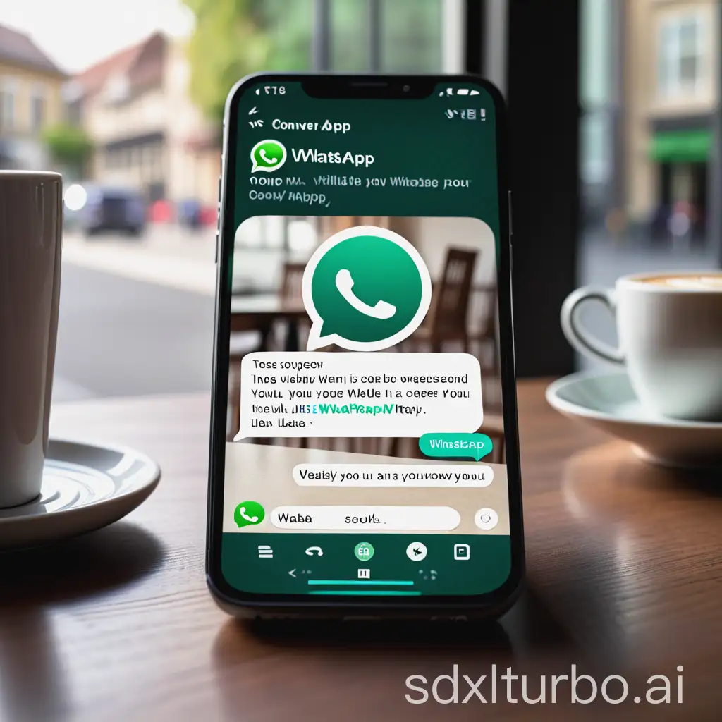 A mobile phone with the WhatsApp app open. The chat window is visible, and it shows a conversation. The phone is resting on a table, and there is a cup of coffee in the background.