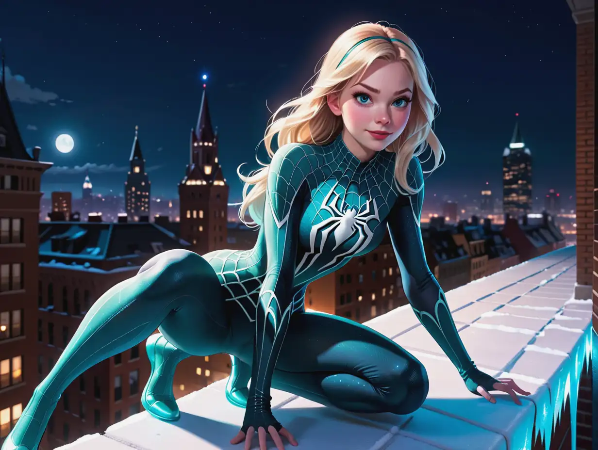 Gwen Stacy, dressed as GhostSpider, on top of building at night, art style of Frozen