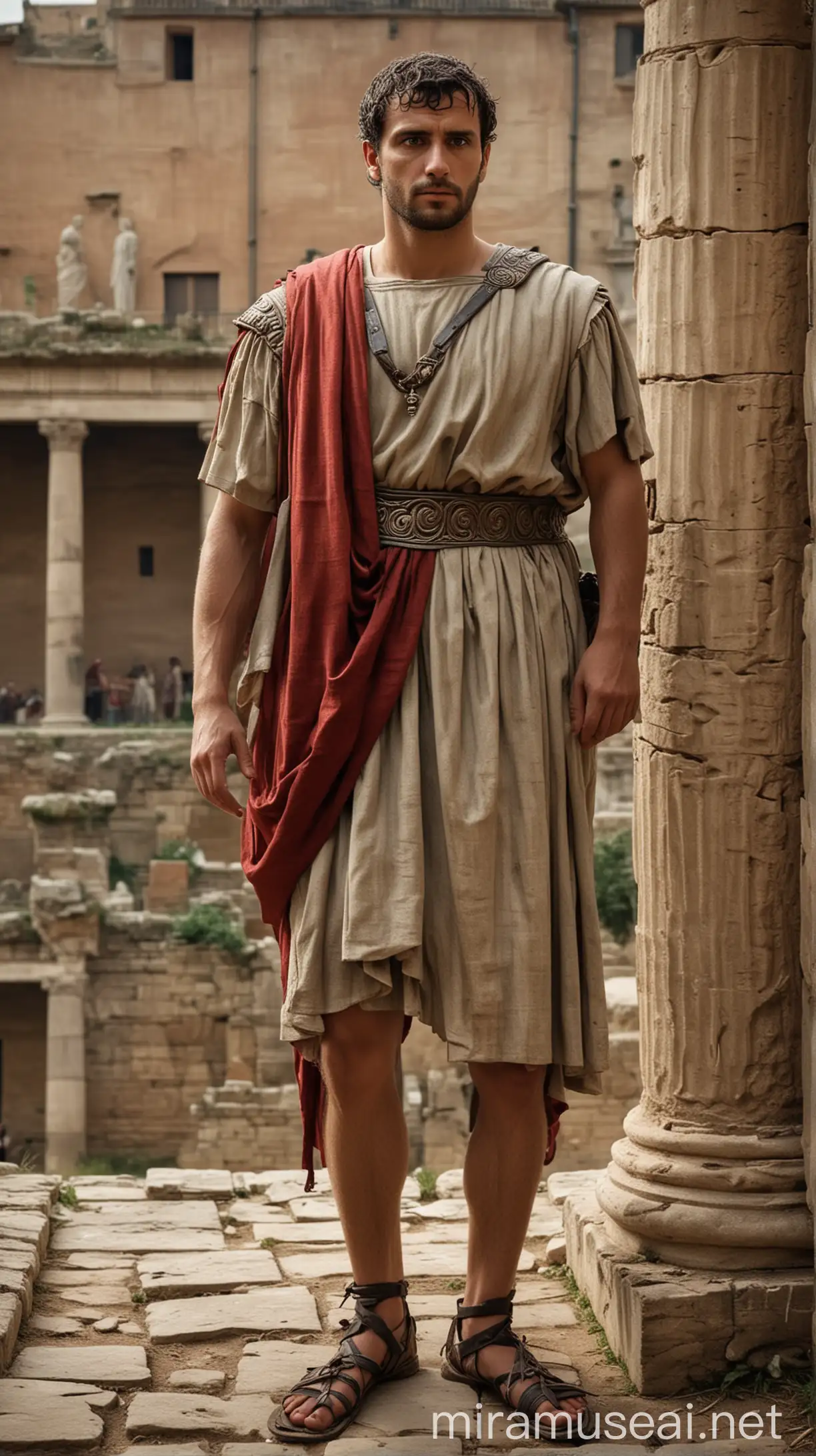 Create an image of a man,  a notable figure in the 1st century AD, dressed in period-appropriate attire, the man standing in an ancient setting reflective of the time. The background should depict architecture and elements indicative of the early Roman era." In ancient world 