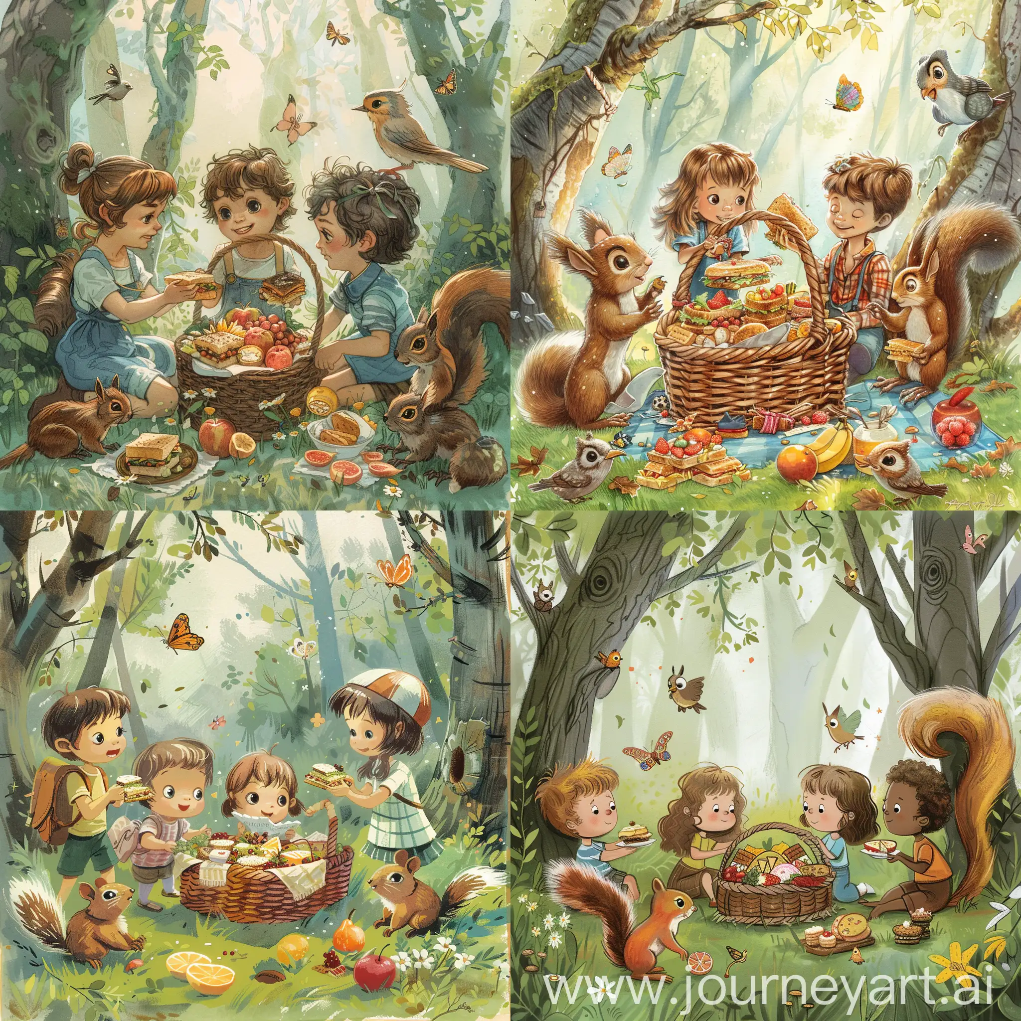 Tommy, Lily, Daisy, and Sunny decide to have a picnic in the enchanted woods near their home. They pack a basket full of delicious sandwiches, fruits, and cookies, and set off on their adventure.

As they journey deeper into the woods, they encounter magical creatures like talking squirrels, singing birds, and friendly butterflies. Each encounter teaches them something new about nature, friendship, and kindness.