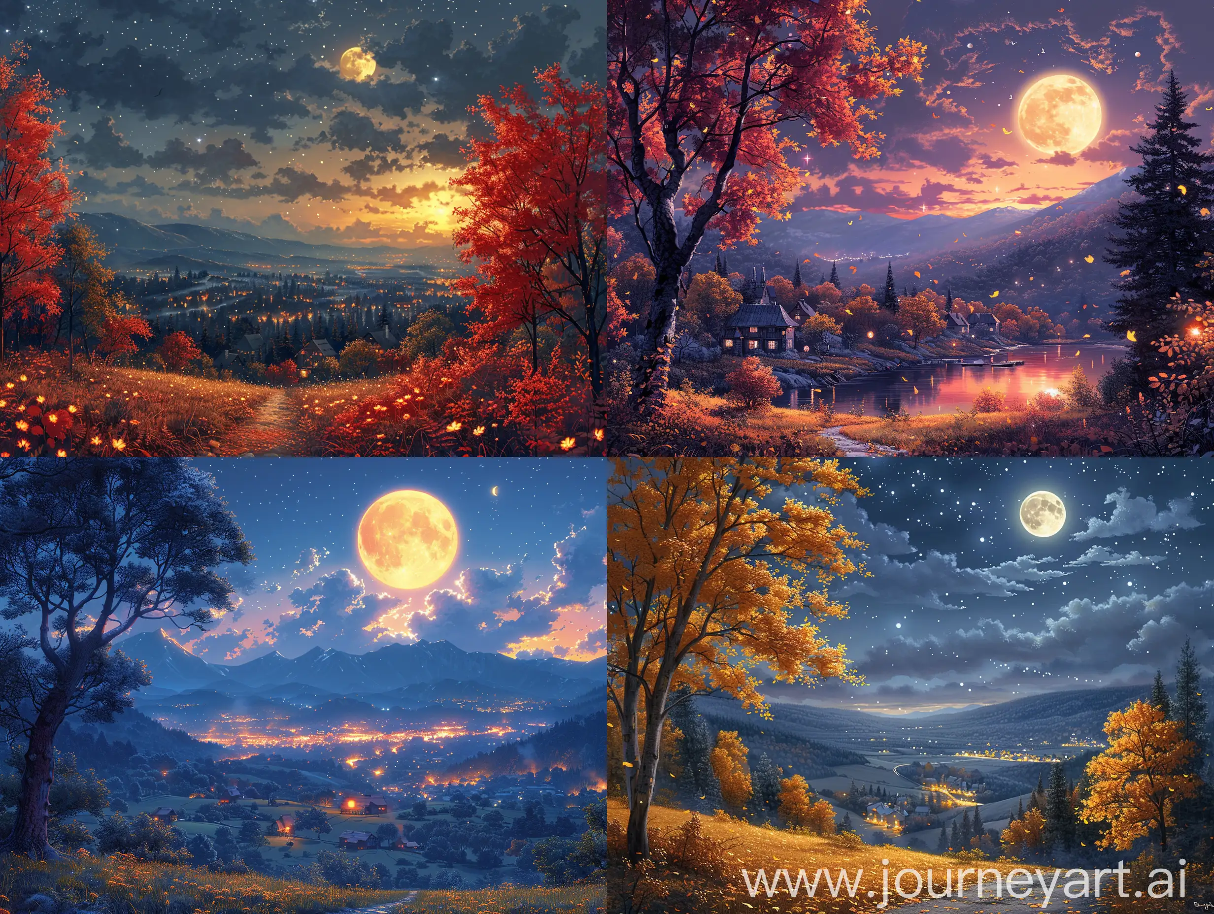 Enchanting-Midnight-Forest-Landscape-with-Moonlit-Town-and-Mountains