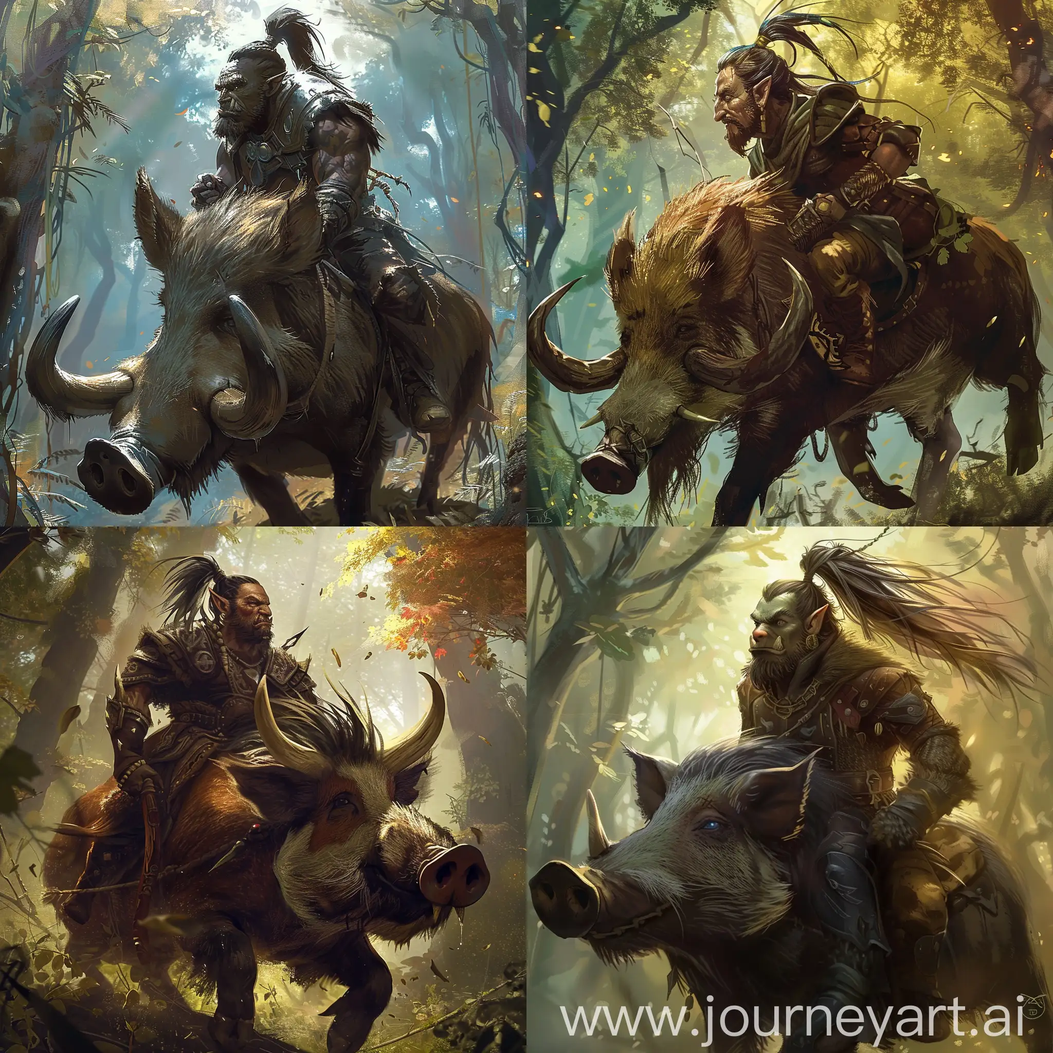 Anime illustration of an orc with ponytail hair and goatee beard riding a wild boar, at mystical forest, surreal, epic, by Andreas Rocha