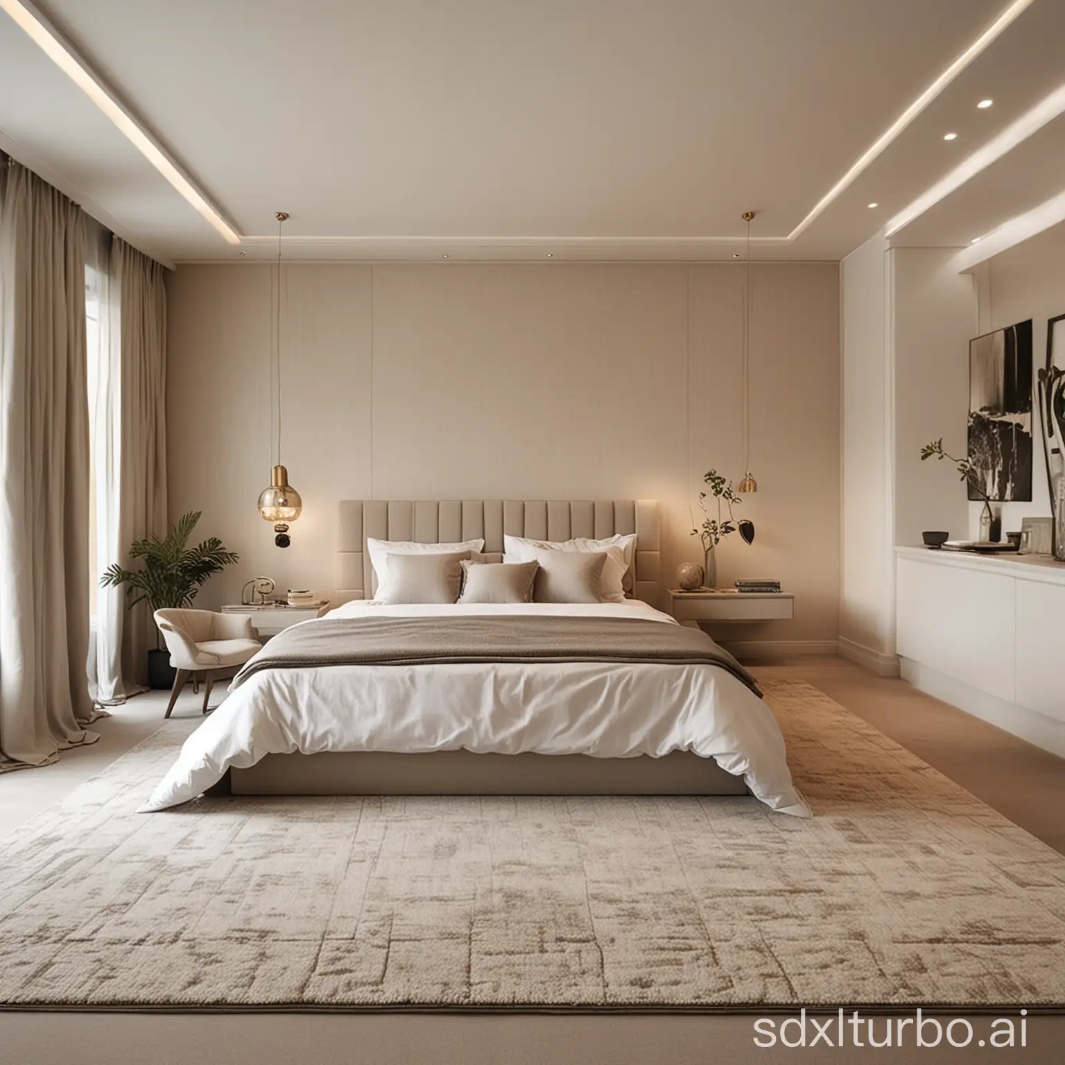 现代温馨的卧室 中间一个大地毯