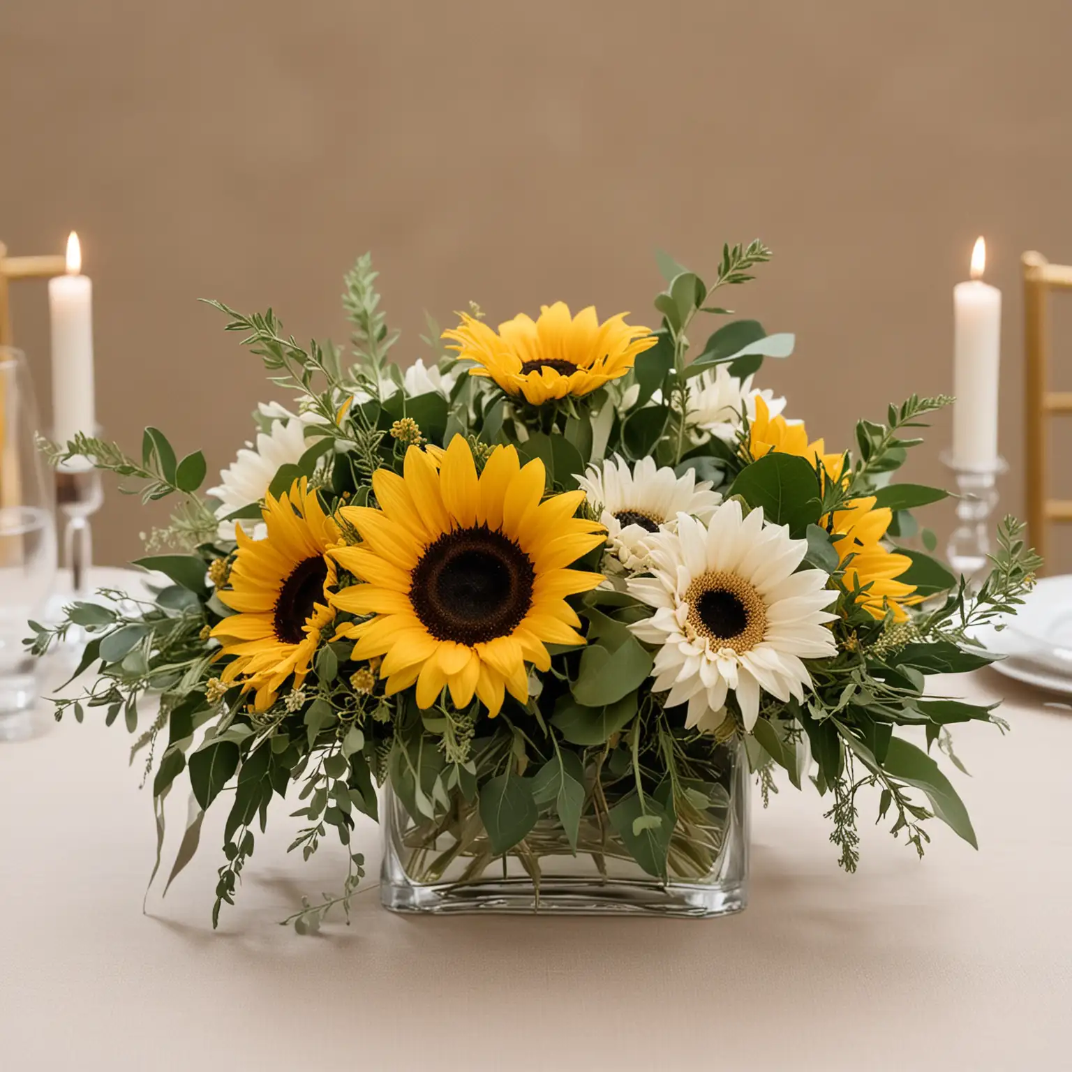 small elegant wedding centerpiece with sunflowers and elegant greenery