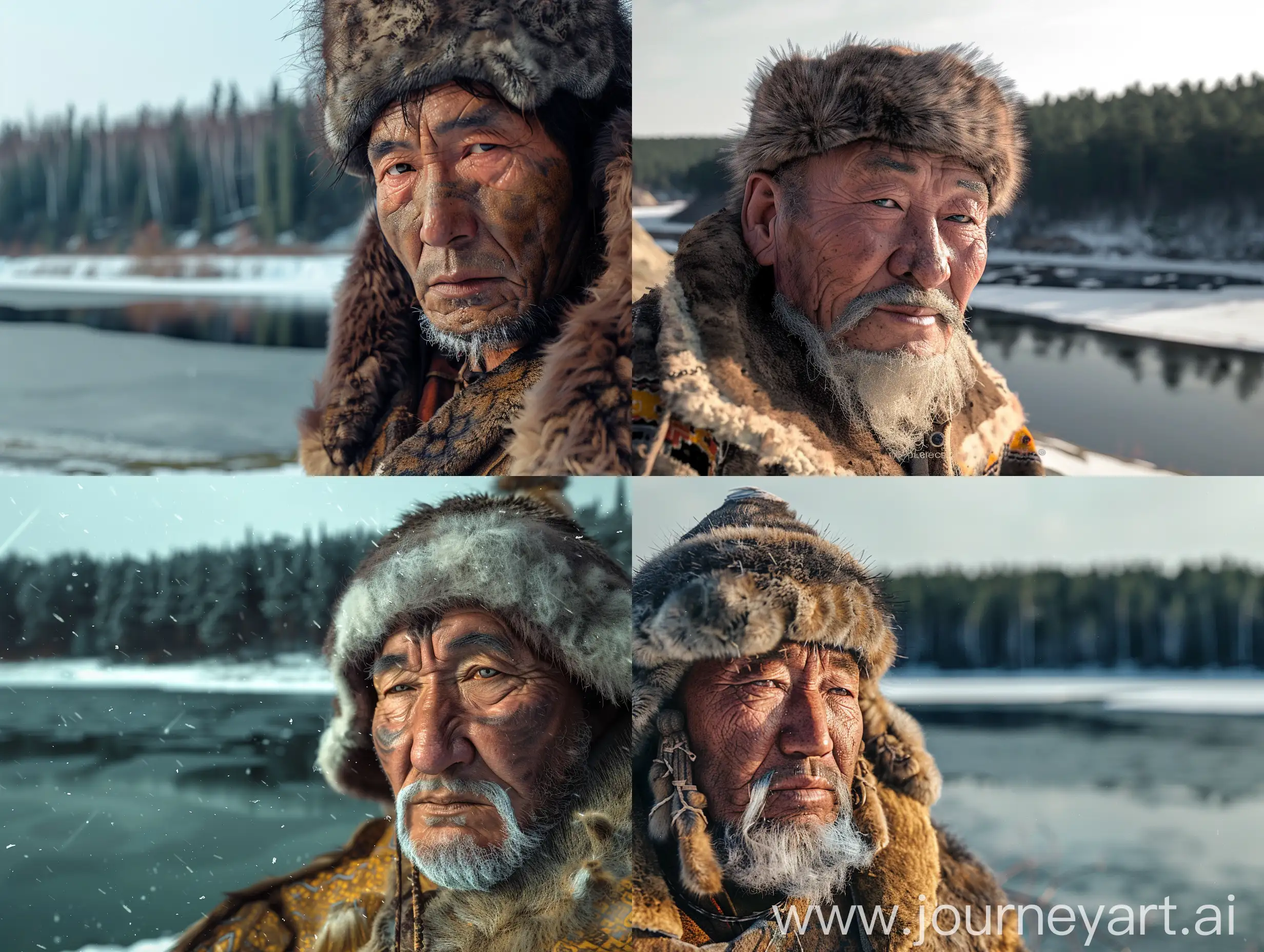 A handsome and wise mongol shaman, 8K, shot on Canon, detailed, photorealistic, at bright day, recognizable look, near the big pond embankment with a dense forest in the distance, in the winter, closeup