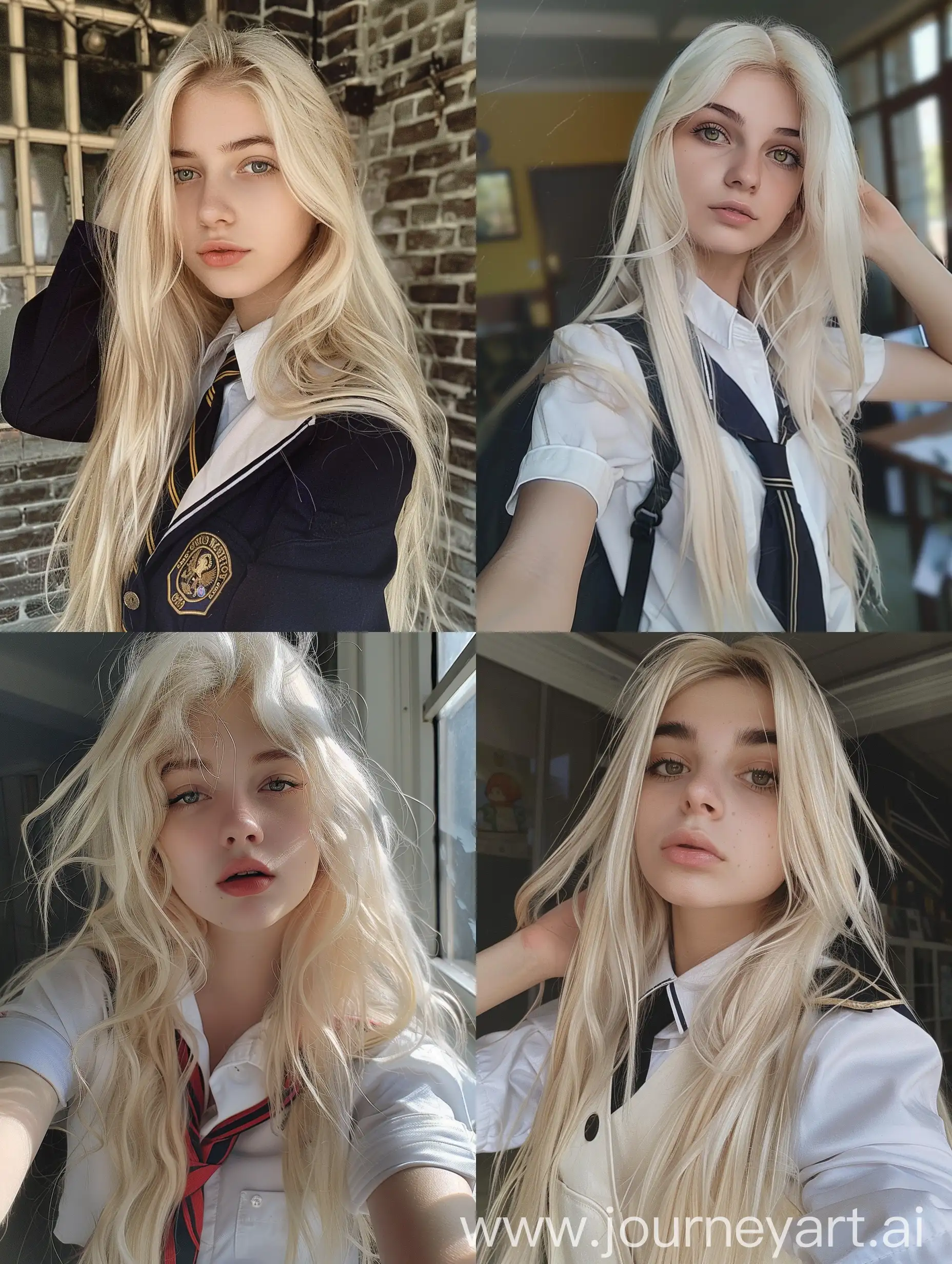 1 young girl, 22 years old, blonde long hair, selfie, iphone selfie, school uniform , makeup, , foto de corpo inteiro, posing