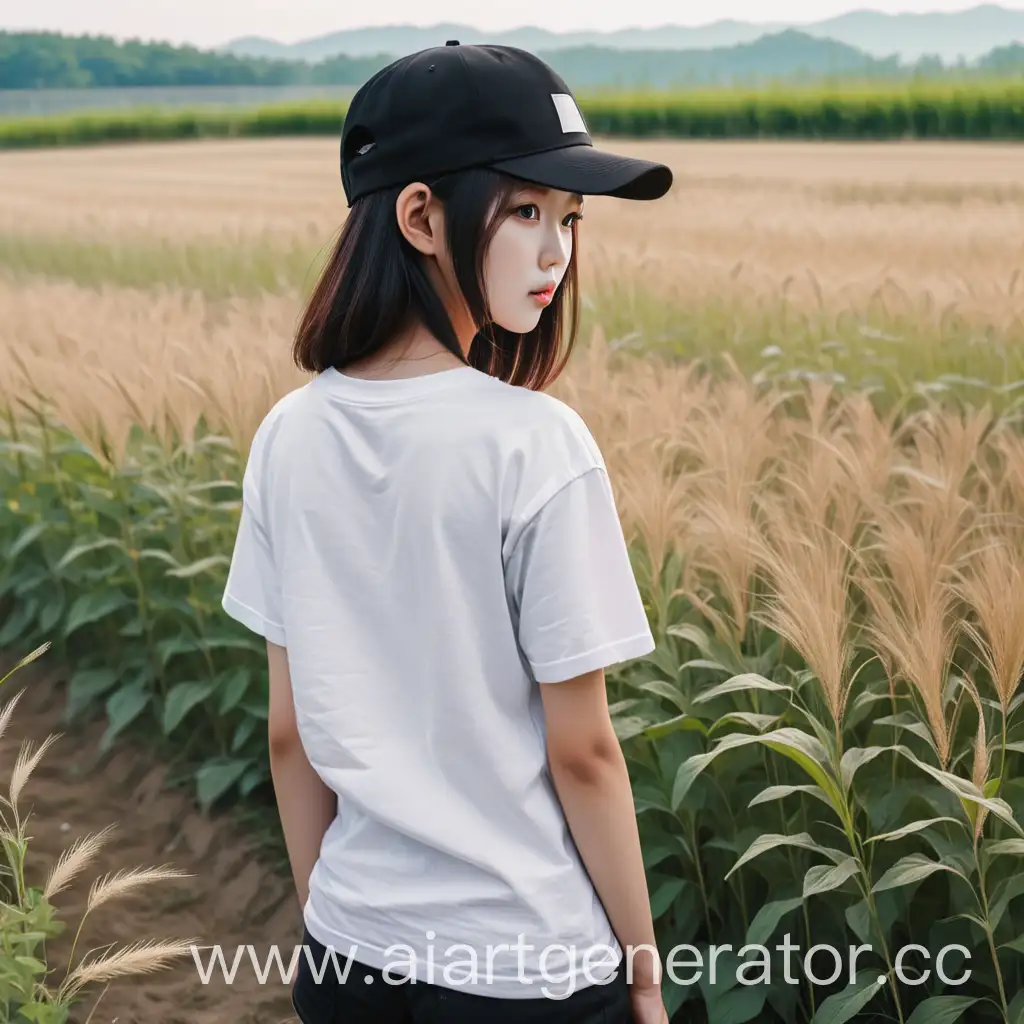 Korean-Girl-in-Black-Cap-Standing-Alone-in-Field