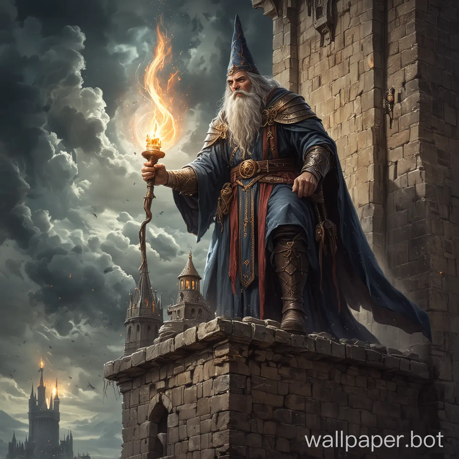 Draw a fantasy wizard man who possesses very strong magic, in a tower, to which the king came