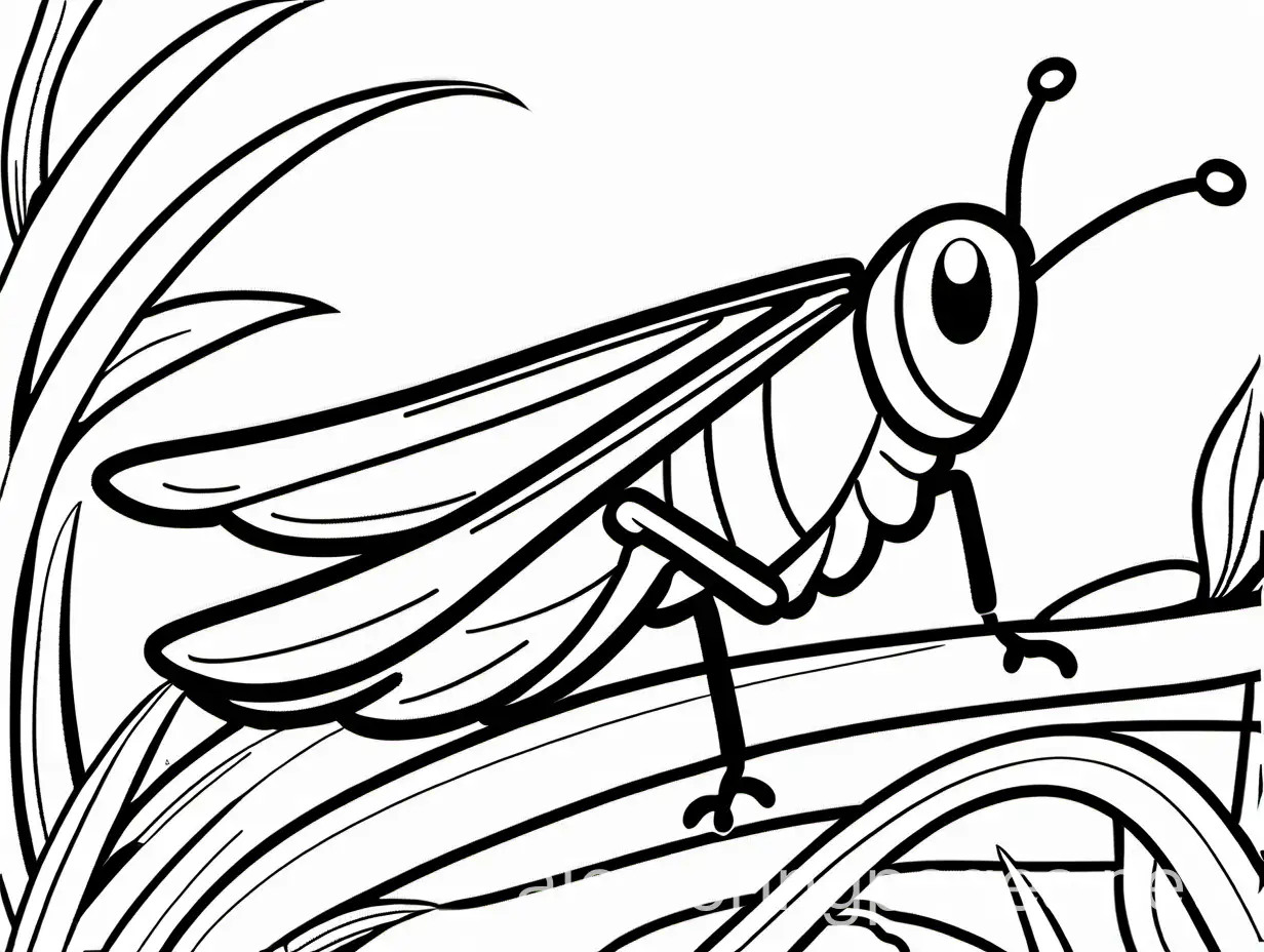 cute grasshopper, coloring page, infant, thick lines, no shading, ample white space, cartoon style, 8.8x11.25, Coloring Page, black and white, line art, white background, Simplicity, Ample White Space. The background of the coloring page is plain white to make it easy for young children to color within the lines. The outlines of all the subjects are easy to distinguish, making it simple for kids to color without too much difficulty
