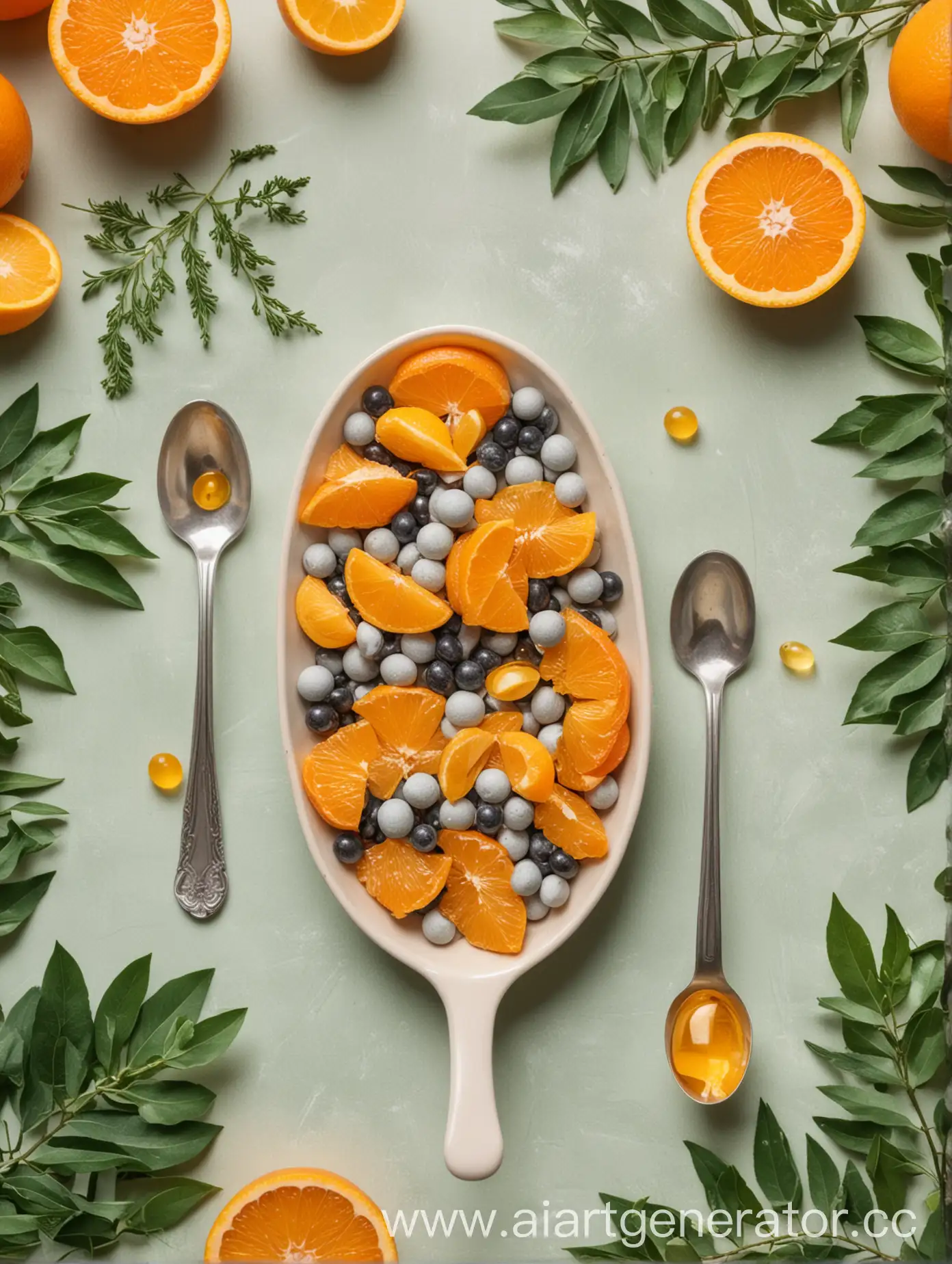 Vitamins-Tablets-on-Spoon-Surrounded-by-Oranges-and-Greenery