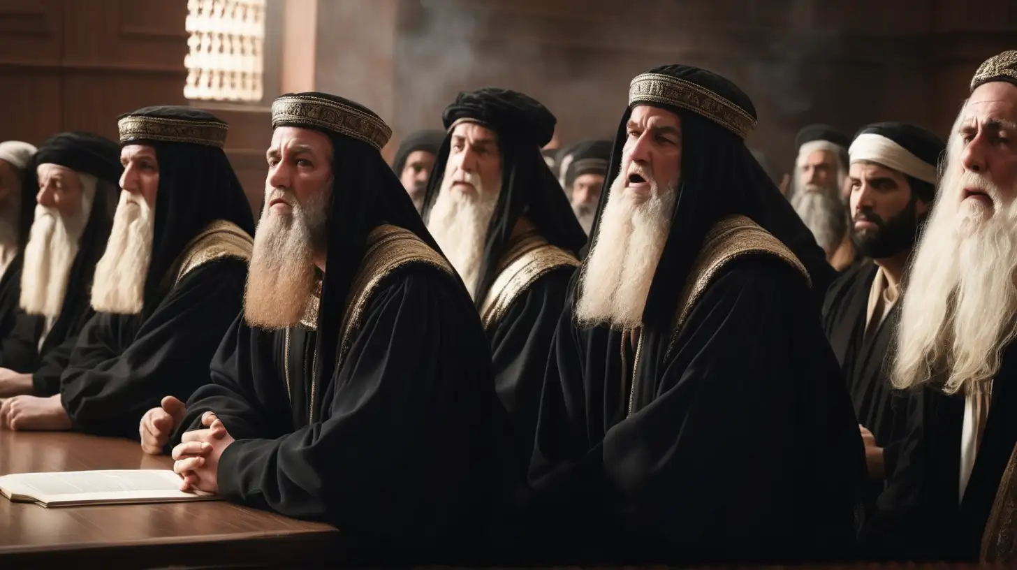 Judges in Ancient Jewish Court with Stern Beauty