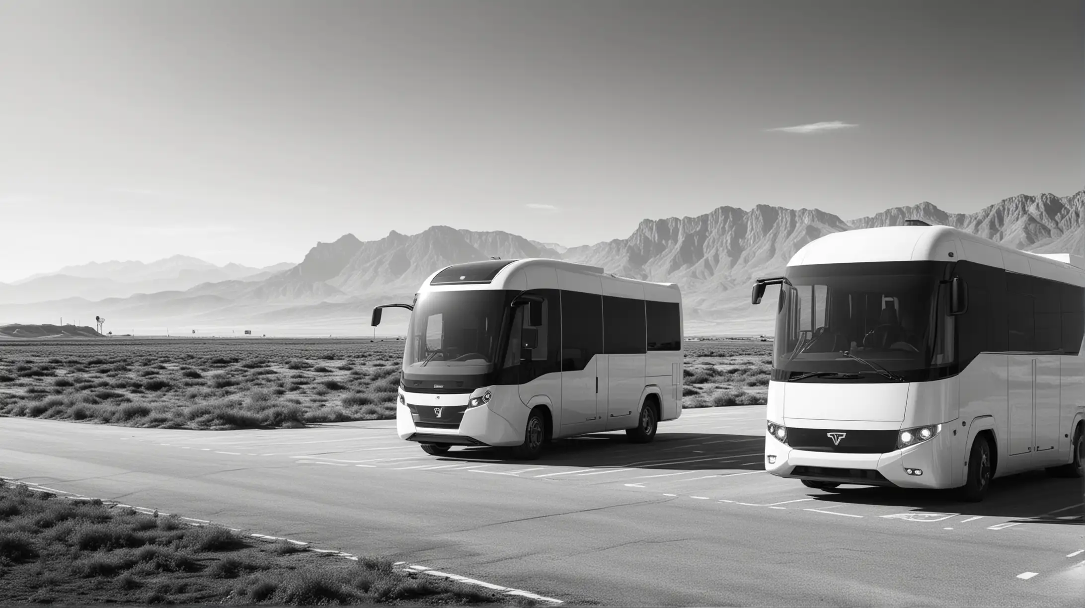 Futuristic minimalist electric van and bus, parking by the road side in front of vast landscape, black and white