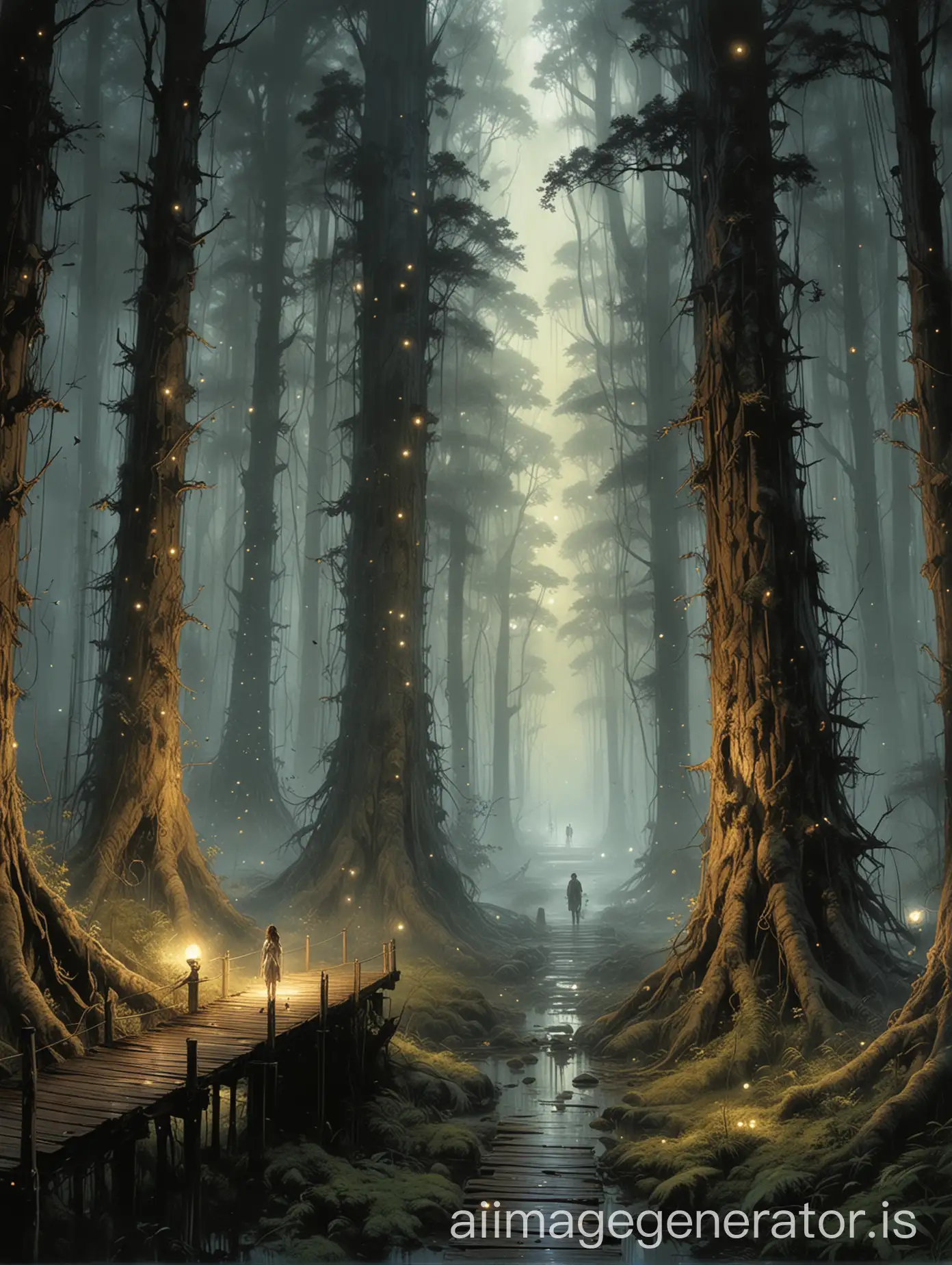 Luis Royo art style, Hutan dengan pohon-pohon besar yang memiliki wajah dan bisa berbicara, dikelilingi oleh cahaya kunang-kunang dan jalan setapak yang bercahaya