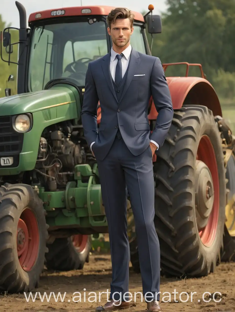 Suave-Man-in-Formal-Attire-Poses-by-Tractor