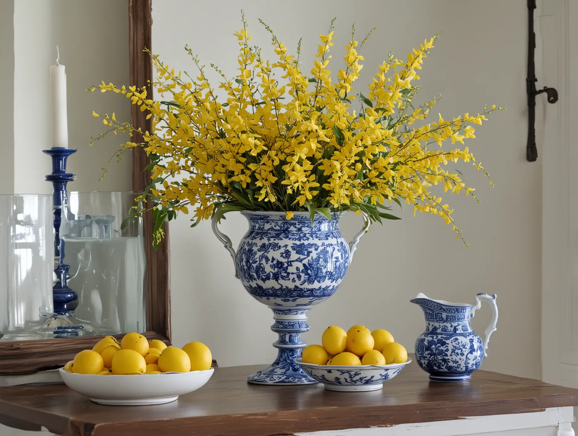 FRUIT IN A FOOTED BLUE AND WHITE COMPOTE WITH A PEDESTAL, WITH ONE BOQUET OF FORSYTHIA BRANCHES IN A BLUE AND WHITE PITCHER