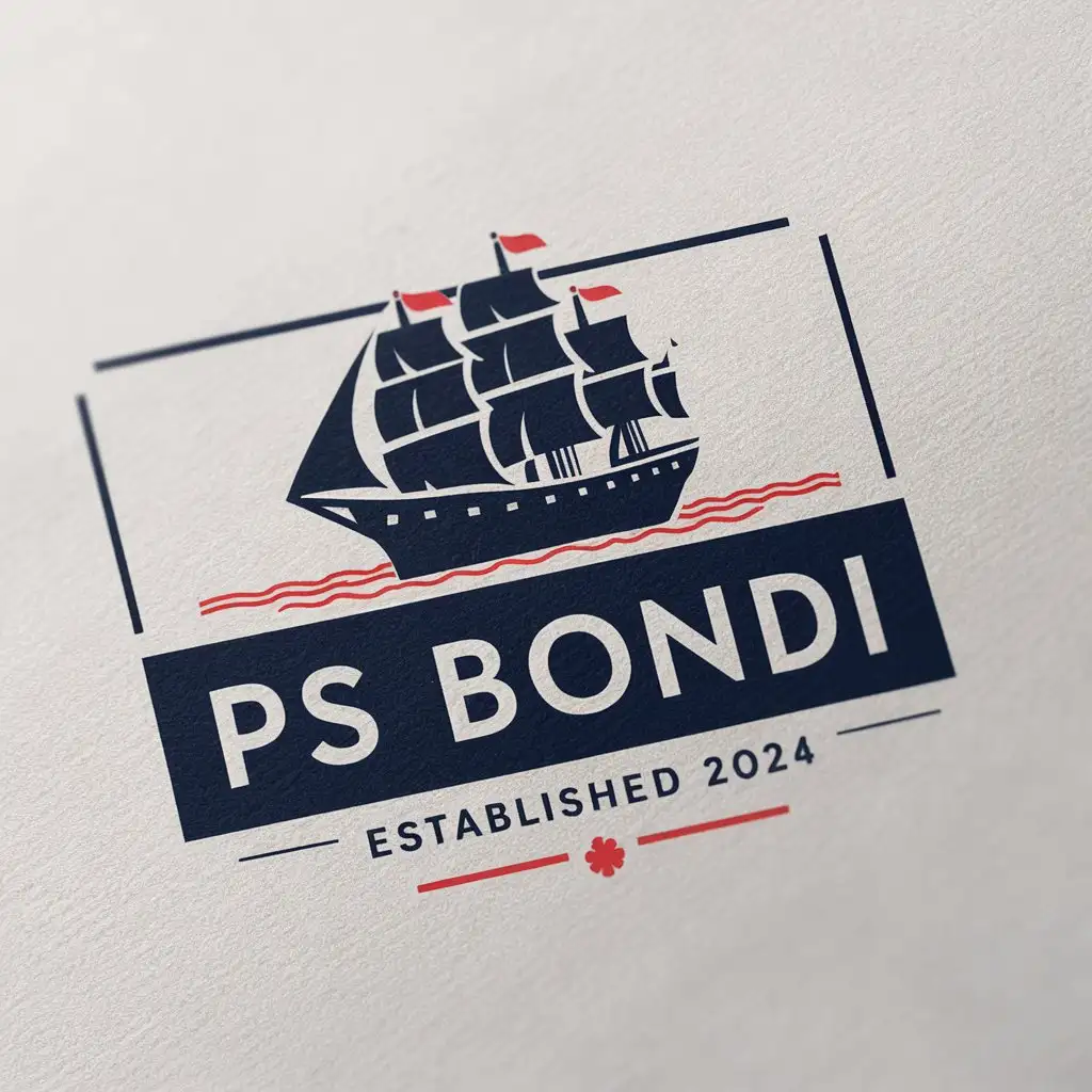a logo design,with the text "PS BONDI '' ESTABLISHED 2024", main symbol:this logo is a circle or rectangle shape. logo should be created with stamp effect. the logo should include a ship. preferred colors are navy blue, white, and red. must be white background,Moderate,clear background