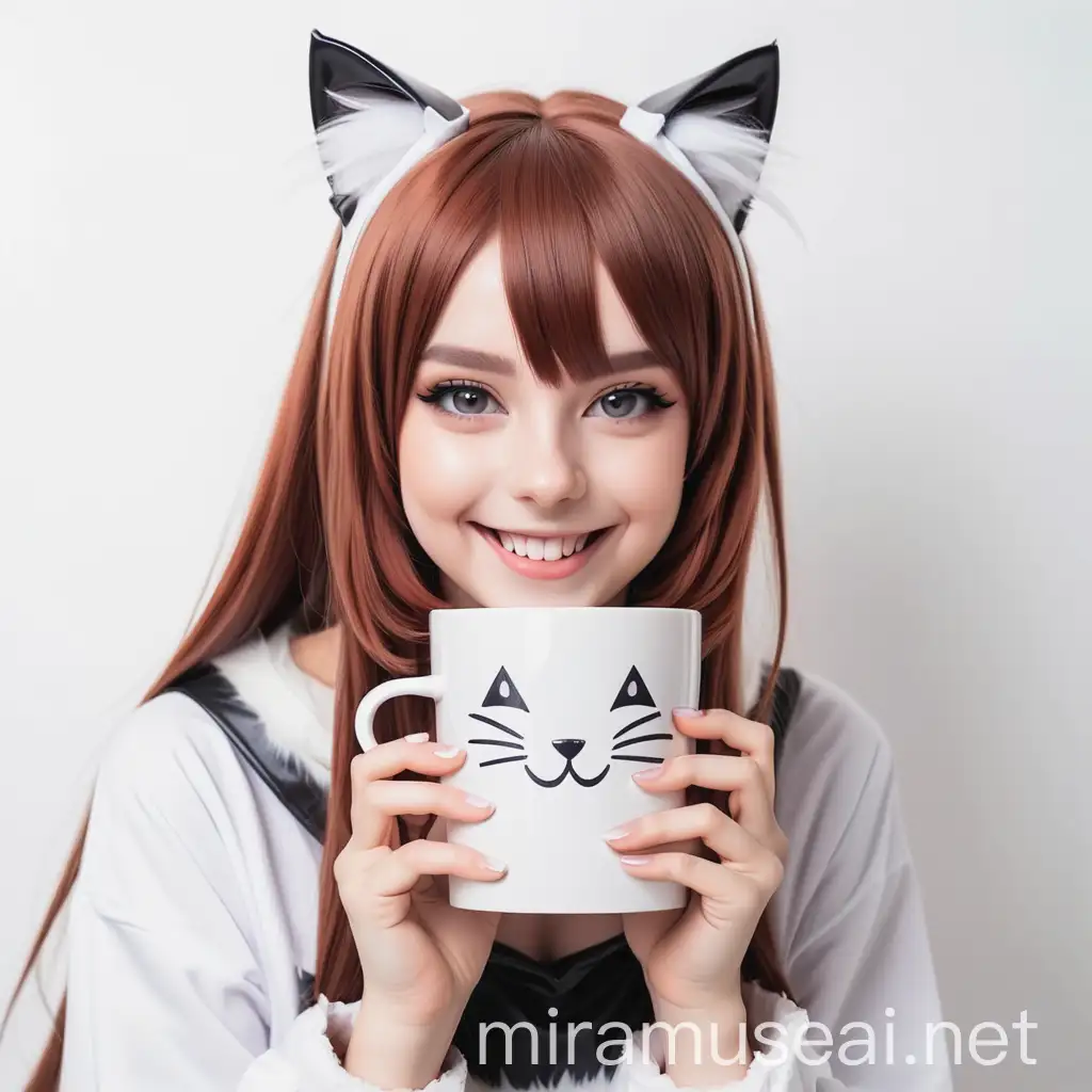 Красивая девушка косплей кошка улыбается с квадратной белой кружкой на белом фоне 