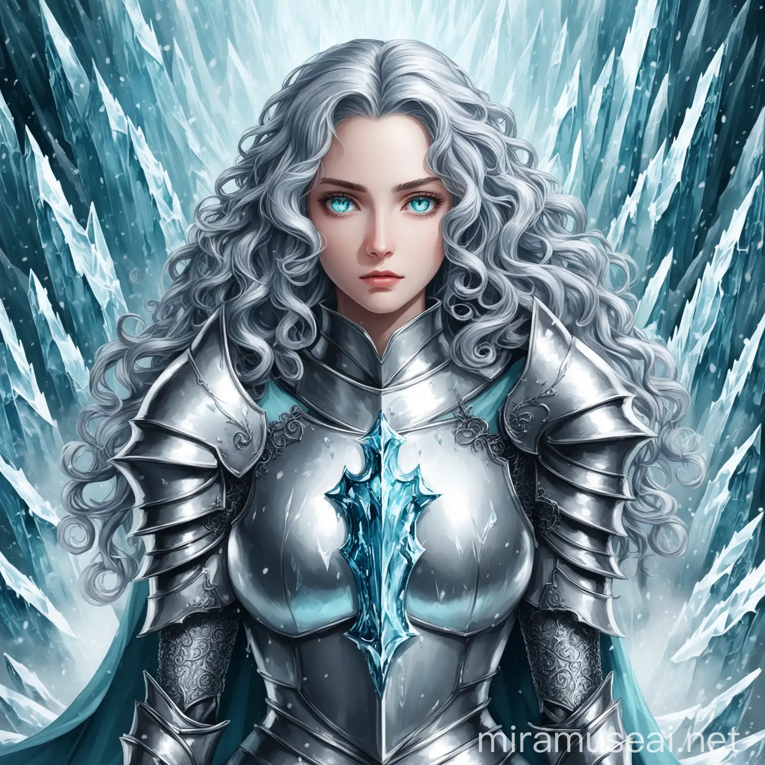 Curly Silver hair, shoulder-length hair, icy aqua eye, ice cold background, knight woman, powerful being