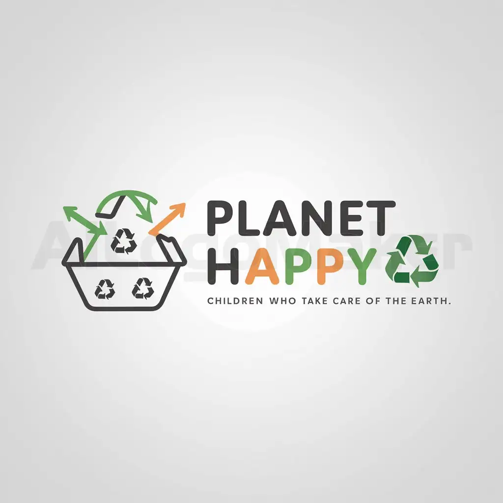 a logo design,with the text "Planet happy children who take care of the earth", main symbol:Garbage dump for recycling,Minimalistic,clear background