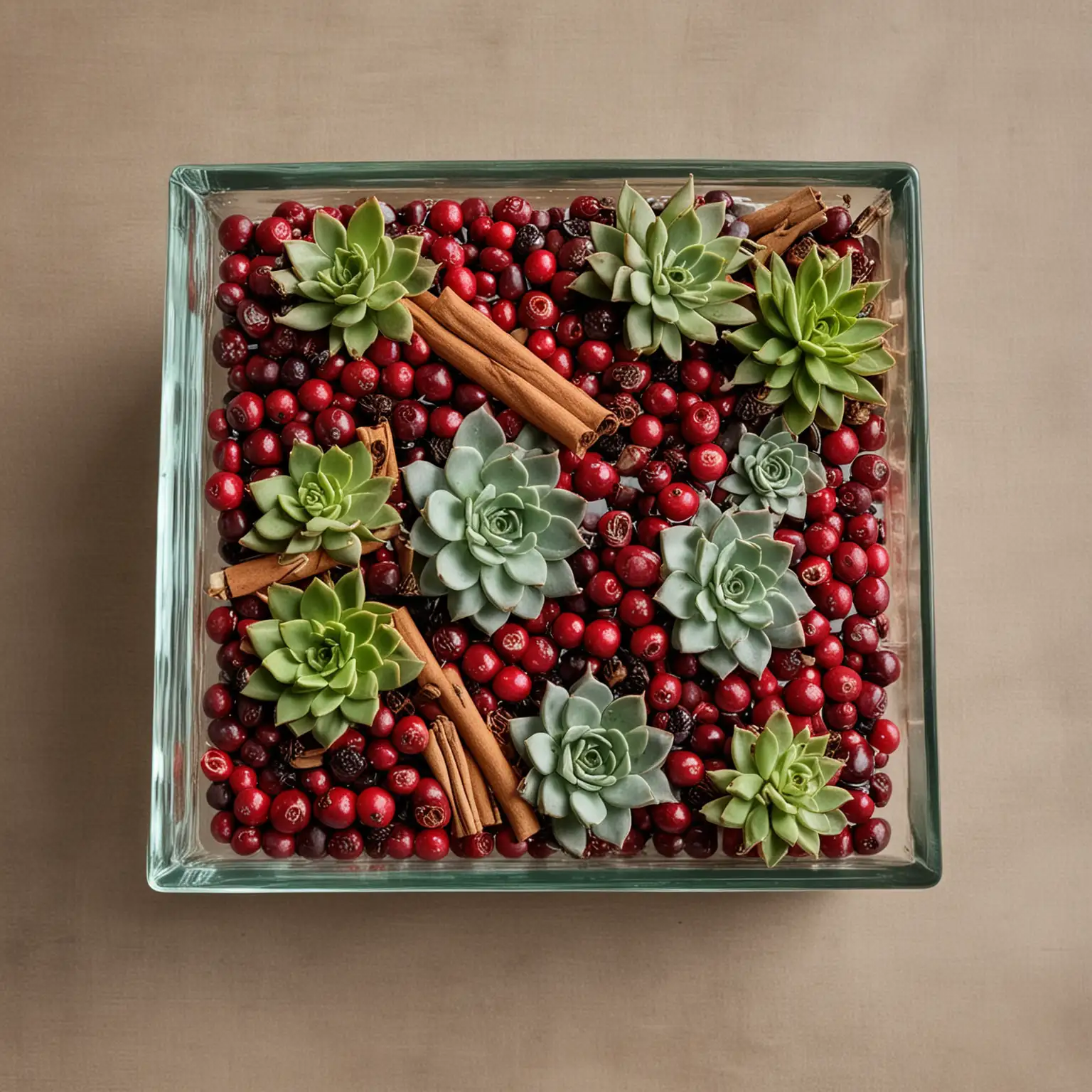 a simple and small realistic fall centerpiece that includes succulents and cinnamon sticks in a symmetrical square glass vase filled with cranberries and water; create the image from the side view as one would see it while sitting at the table and looking at the centerpiece