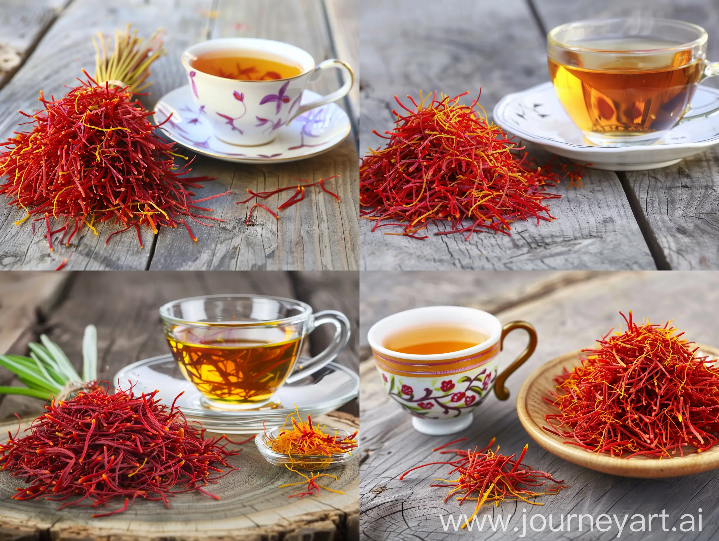 A bunch of saffron on the table with a cup of tea