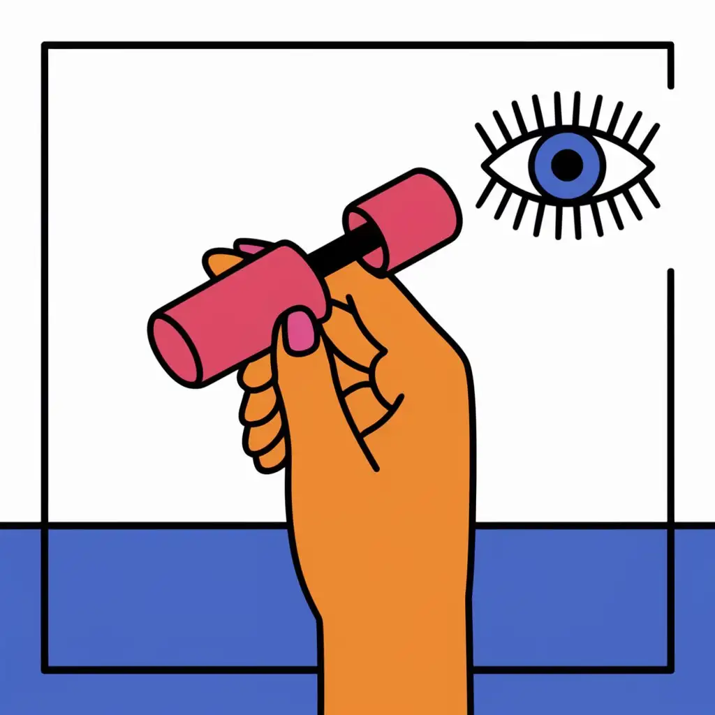 Draw me a 2D mascara, hand, eye. Use a maximum of 4 different colors. Illustrations should be simple, stylized and easy to understand. Pay attention to clean lines and bold colors to make the result visually appealing