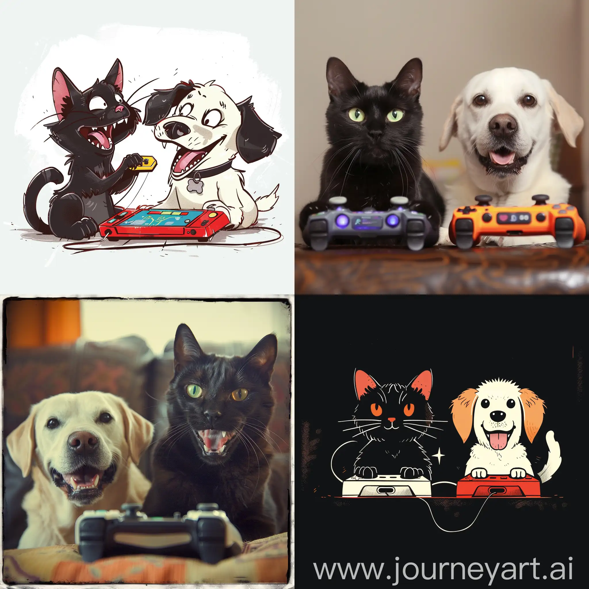 Чёрный кот и белая собака играют в видеоигры