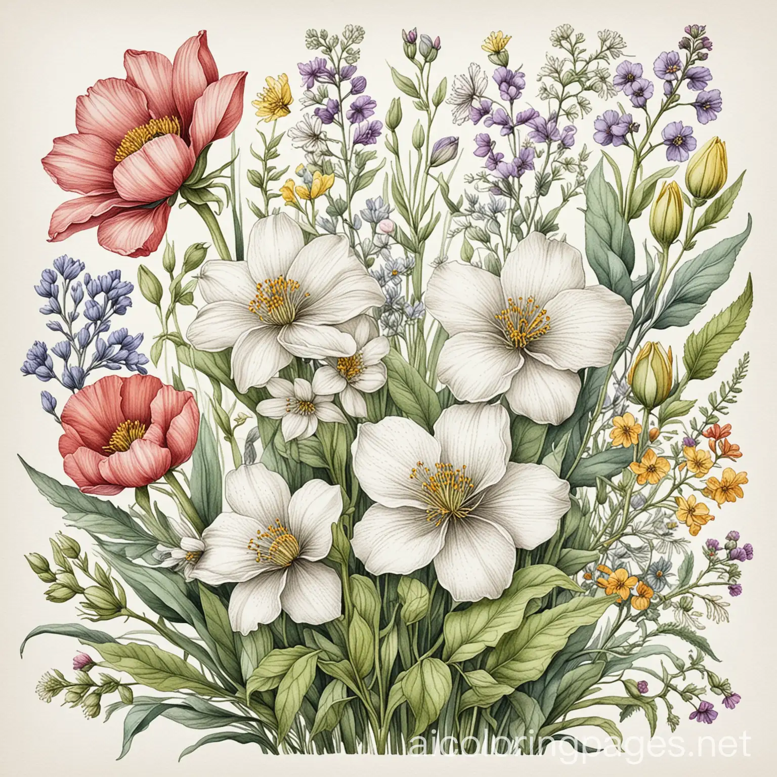 Vintage beautiful colour Spring Flowers Botanical watercolour Illustration, Coloring Page, black and white, line art, white background, Simplicity, Ample White Space. The background of the coloring page is plain white to make it easy for young children to color within the lines. The outlines of all the subjects are easy to distinguish, making it simple for kids to color without too much difficulty