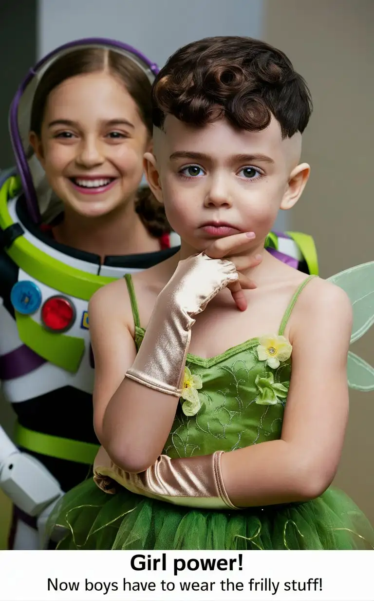 Gender role-reversal, Photograph of a 9-year-old smiling girl wearing a Buzz Lightyear costume, a British white cute 7-year-old little moody boy with short smart curly brown hair shaved on the sides wearing a frilly green tinkerbell dress and long silky fingerless gloves, English, perfect children faces, perfect faces, smooth, the photograph is captioned “Girl power! Now boys have to wear the frilly stuff!”